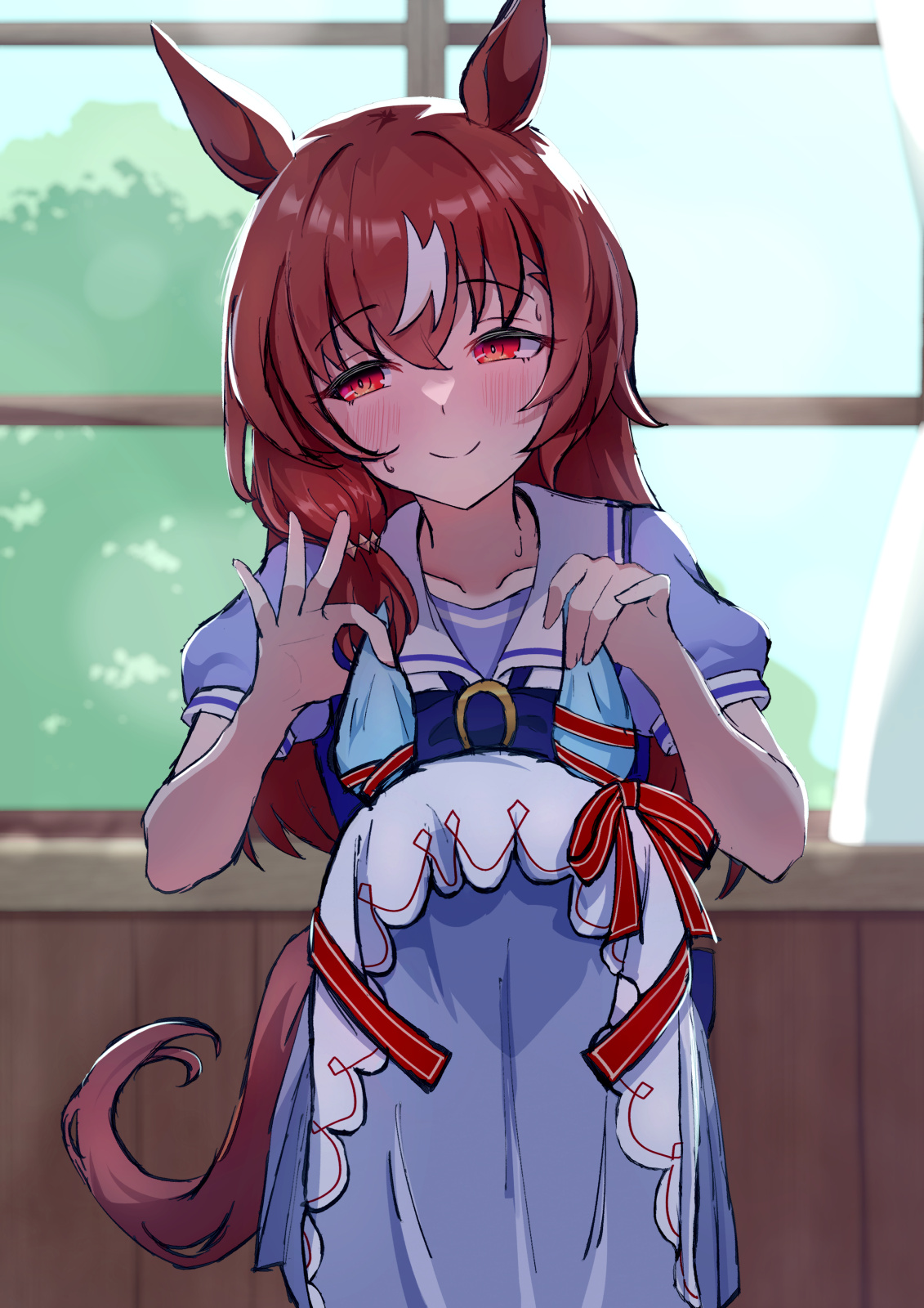 still in love (umamusume), umamusume, highres, 1girl, amenu 415, animal ears, blush, closed mouth, hair between eyes, hat, holding, holding unworn clothes, holding unworn hat, horse ears, horse girl, horse tail, long hair, looking to the side, purple sailor collar, purple shirt, red eyes, sailor collar, shirt, sidelocks, smile, solo, tail, unworn hat, unworn headwear, veil, white shirt, white veil