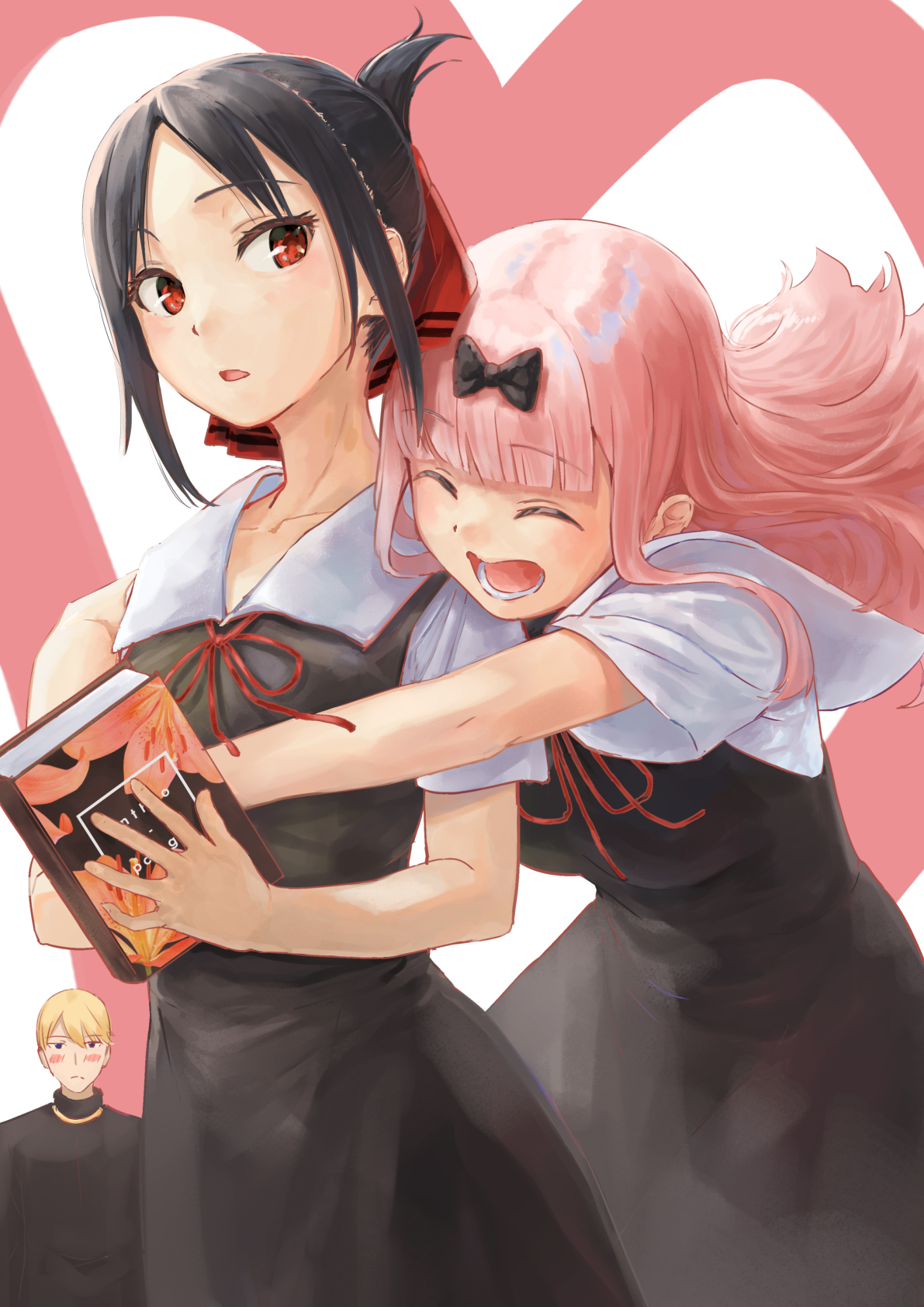 aiueonesan (umanaminoatama), fujiwara chika, shinomiya kaguya, shirogane miyuki, kaguya-sama wa kokurasetai ~tensai-tachi no renai zunousen~, highres, 1boy, 2girls, :o, black bow, black hair, blonde hair, blunt bangs, blush, book, bow, closed mouth, dress, hair bow, hair ribbon, holding, holding book, hug, hug from behind, long hair, looking at another, lower teeth only, multiple girls, open mouth, pinafore dress, pink hair, red eyes, ribbon, school uniform, shirt, short hair, short sleeves, shuuchiin academy school uniform, sleeveless, sleeveless dress, teeth, white shirt, yuri