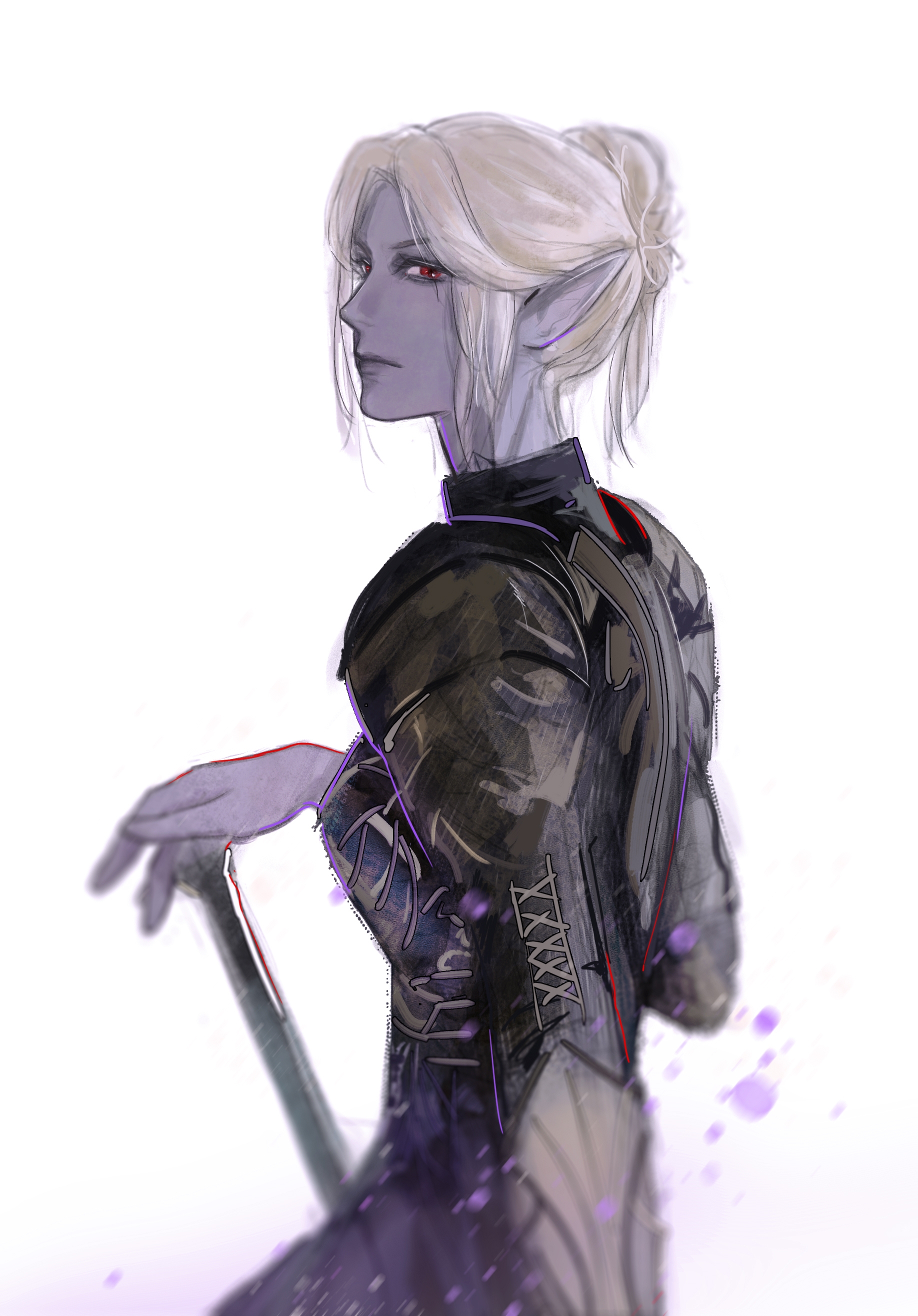 luojingdou, minthara, baldur's gate, baldur's gate 3, dungeons & dragons, dungeons & dragons, absurdres, highres, 1girl, armor, colored skin, dark elf, elf, from side, hair bun, hand on hilt, looking at viewer, pauldrons, pointy ears, purple skin, red eyes, short hair, shoulder armor, simple background, single hair bun, solo, upper body, white background, white hair