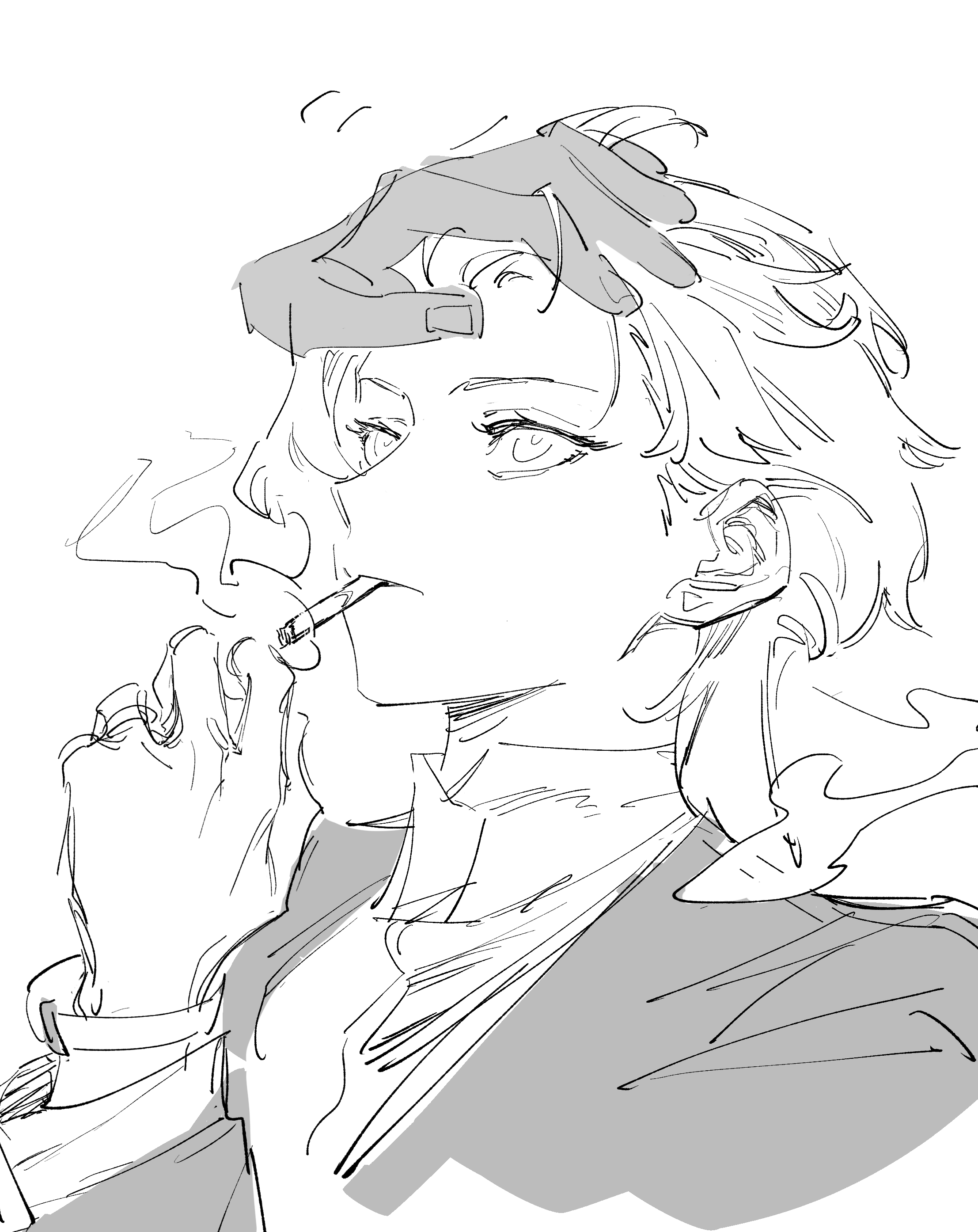 nideaneng, miorine rembran, suletta mercury, gundam, gundam suisei no majo, absurdres, highres, 2girls, brushing another's hair, brushing hair, formal clothes, greyscale, hand on another's head, jewelry, long hair, monochrome, multiple girls, ring, serious, smoke, smoking, upper body