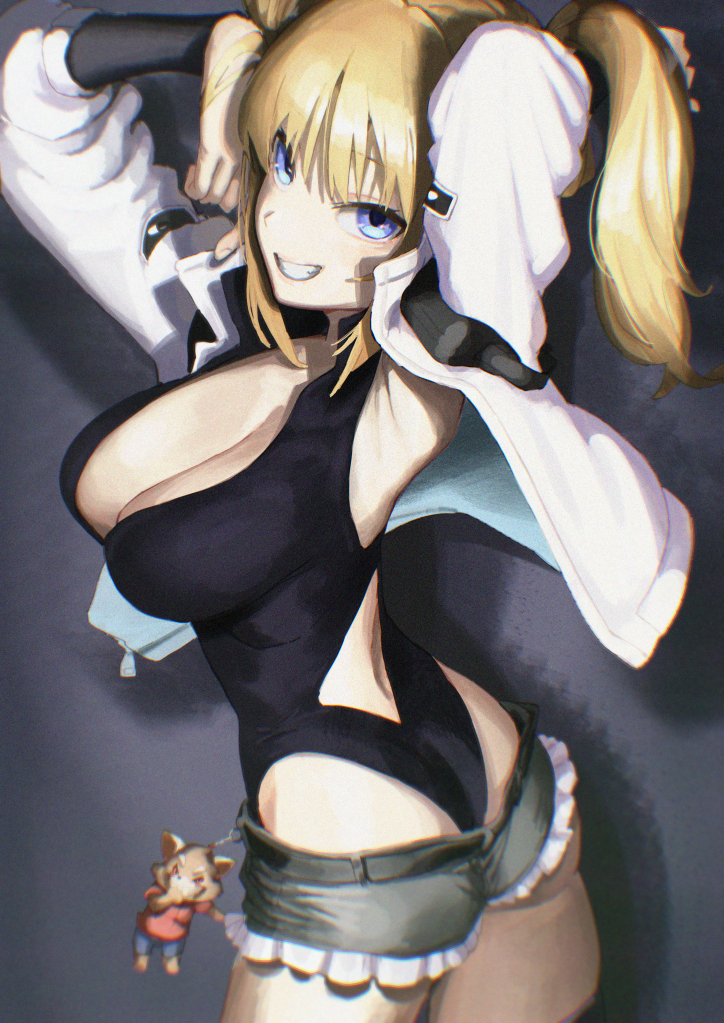 aiueonesan (umanaminoatama), ani (xai), xai (company), 1girl, armpits, black leotard, blonde hair, blue eyes, breasts, cleavage, jacket, large breasts, leotard, long sleeves, looking at viewer, open clothes, open jacket, short shorts, shorts, smile, solo, teeth, twintails, white jacket