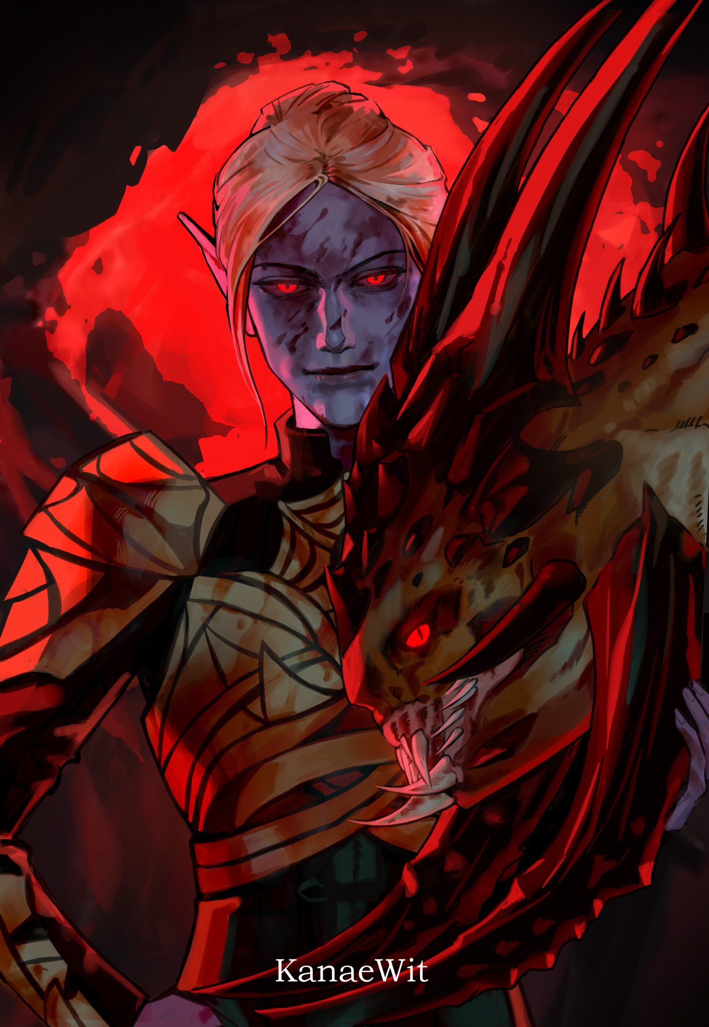 kanaewit, minthara, baldur's gate, baldur's gate 3, dungeons & dragons, dungeons & dragons, highres, 1girl, armor, artist name, blonde hair, blood, blood on face, breastplate, dark elf, elf, glowing, glowing eyes, hand on own hip, horns, looking at viewer, monster, pauldrons, pointy ears, red background, red eyes, sharp teeth, short hair, shoulder armor, slayer (baldur's gate), teeth, upper body