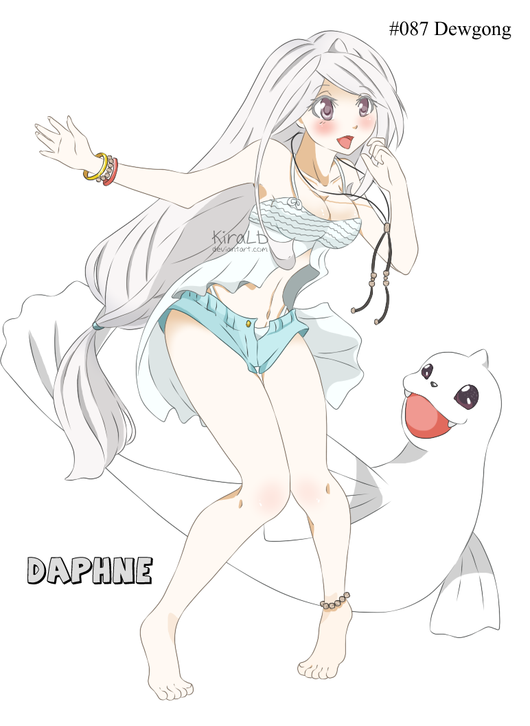 dewgong, nintendo, original, pokemon, 1girl, barefoot, blush, crop top, dress, frills, full body, gen 1 pokemon, holding, kiralb, long hair, looking at viewer, navel, open mouth, personification, pokemon (creature), ponytail, purple eyes, shirt, shorts, simple background, smile, standing, white background, white dress, white hair