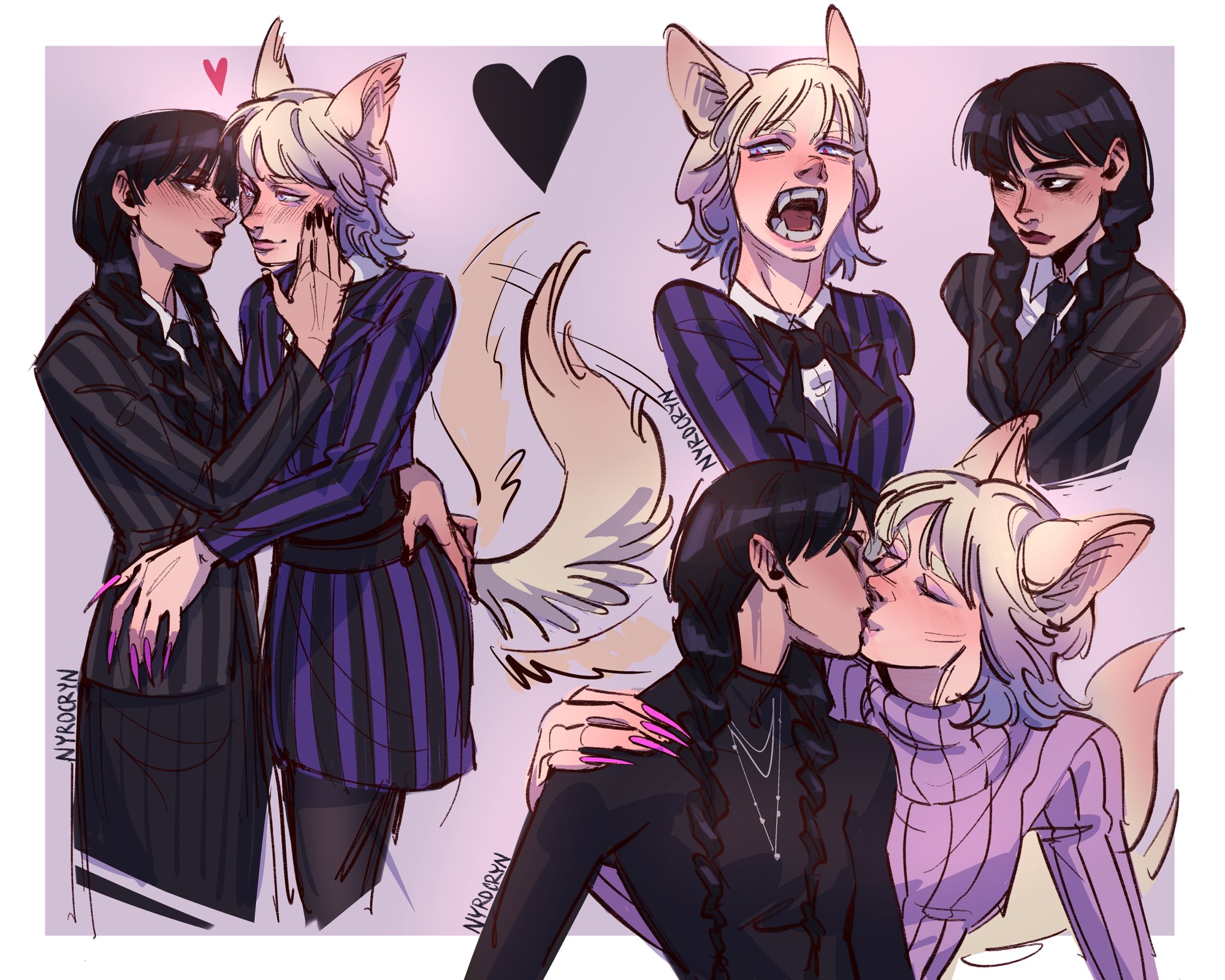 cam (asilber art), enid sinclair, wednesday addams, addams family, wednesday (netflix), highres, 2girls, animal ears, animification, black jacket, black lips, black skirt, blonde hair, braid, couple, fang, jacket, kiss, long hair, medium hair, multiple girls, nevermore academy school uniform, open mouth, pink nails, pink sweater, school uniform, simple background, skirt, striped clothes, striped jacket, sweater, tail, twin braids, wolf ears, wolf tail, yuri