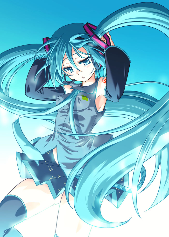 mikage baku, hatsune miku, vocaloid, 1girl, female focus, long hair, solo, thighhighs, twintails, very long hair