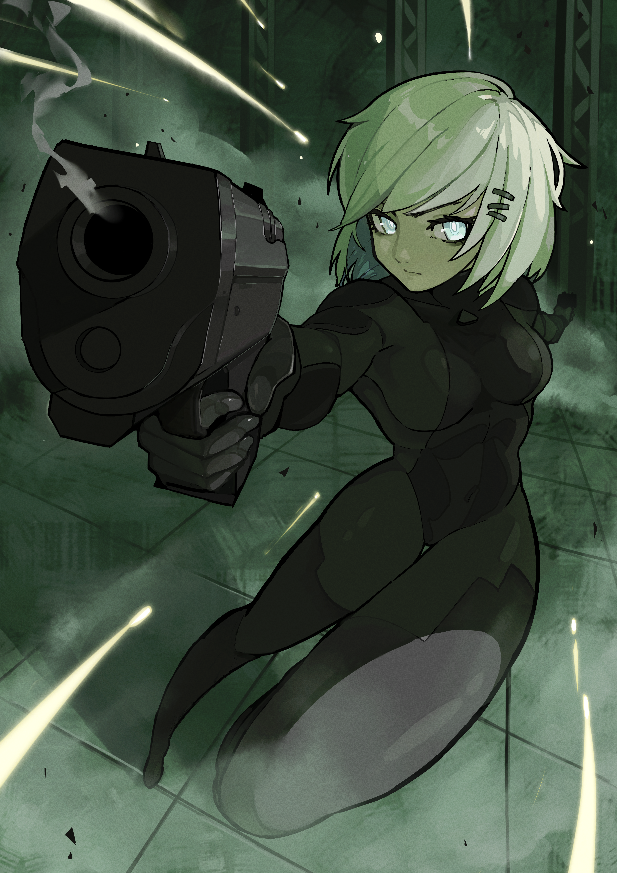 antangonist, marie (peripeteia), peripeteia, absurdres, commentary, highres, 1girl, aiming, aiming at viewer, black bodysuit, blue eyes, bodysuit, breasts, closed mouth, covered navel, dynamic pose, fighting stance, foreshortening, full body, green theme, gun, hair ornament, hairclip, handgun, holding, holding gun, holding weapon, indoors, medium breasts, medium hair, monochrome, projectile trail, smoke, smoking barrel, solo, spot color, tile floor, tiles, truss, under fire, weapon, white hair