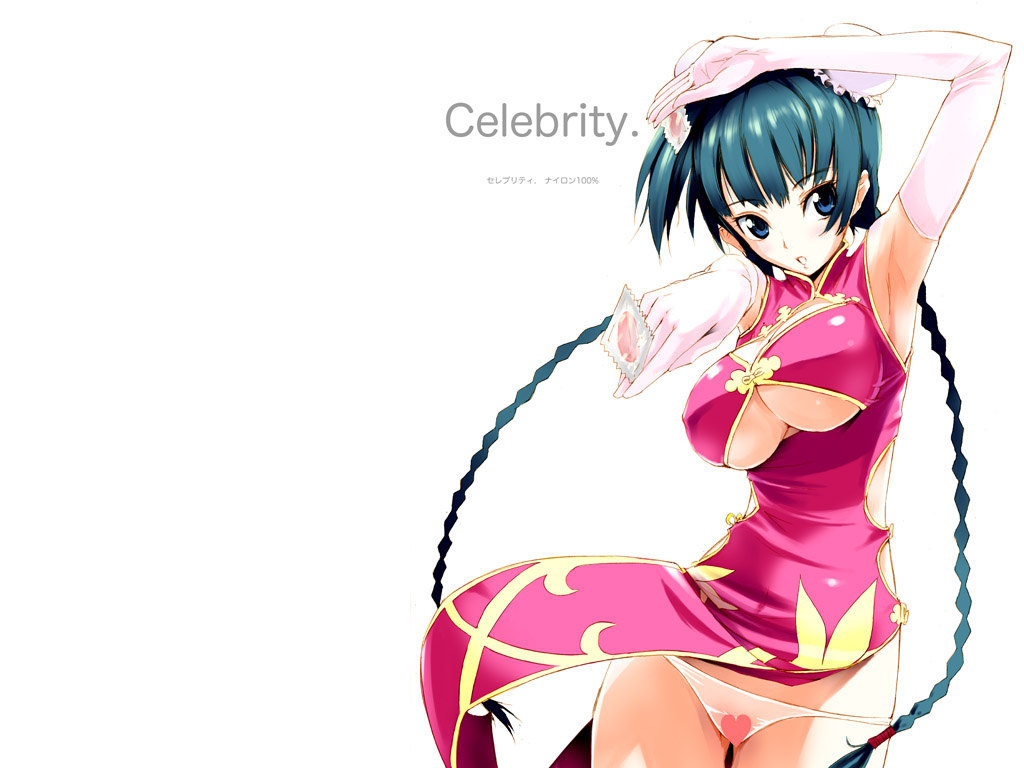wang liu mei, gundam, gundam 00, 00s, 1girl, blue eyes, braid, breasts, bun cover, censored, cleavage, cleavage cutout, clothing cutout, condom, elbow gloves, female focus, gloves, huge breasts, long hair, lowleg, lowleg panties, panties, solo, twin braids, underboob, underwear, very long hair, wind, wind lift