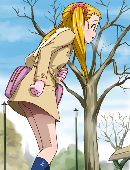 haruyama kazunori, kasugano urara (yes! precure 5), precure, yes! precure 5, bookbag, 00s, 1girl, ass, autumn, bag, coat, female focus, gloves, no panties, outdoors, shoulder bag, solo, upskirt