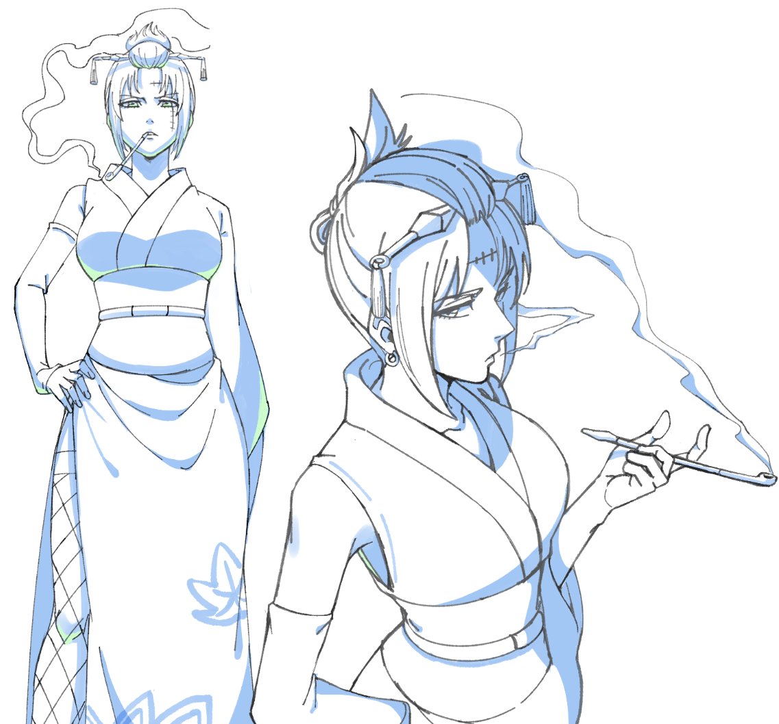 shaolong, tsukuyo (gintama), gintama, commentary, 1girl, blowing smoke, breasts, collarbone, cowboy shot, feet out of frame, fishnet thighhighs, fishnets, folded ponytail, hair ornament, hand on own hip, hand up, holding, holding smoking pipe, japanese clothes, kimono, kunai, large breasts, leaf print, looking at viewer, monochrome, multiple views, parted lips, print kimono, short hair, sidelocks, sideways glance, simple background, sleeveless, sleeveless kimono, smoke, smoking, smoking pipe, standing, stitched face, stitches, thighhighs, tsurime, weapon, white background
