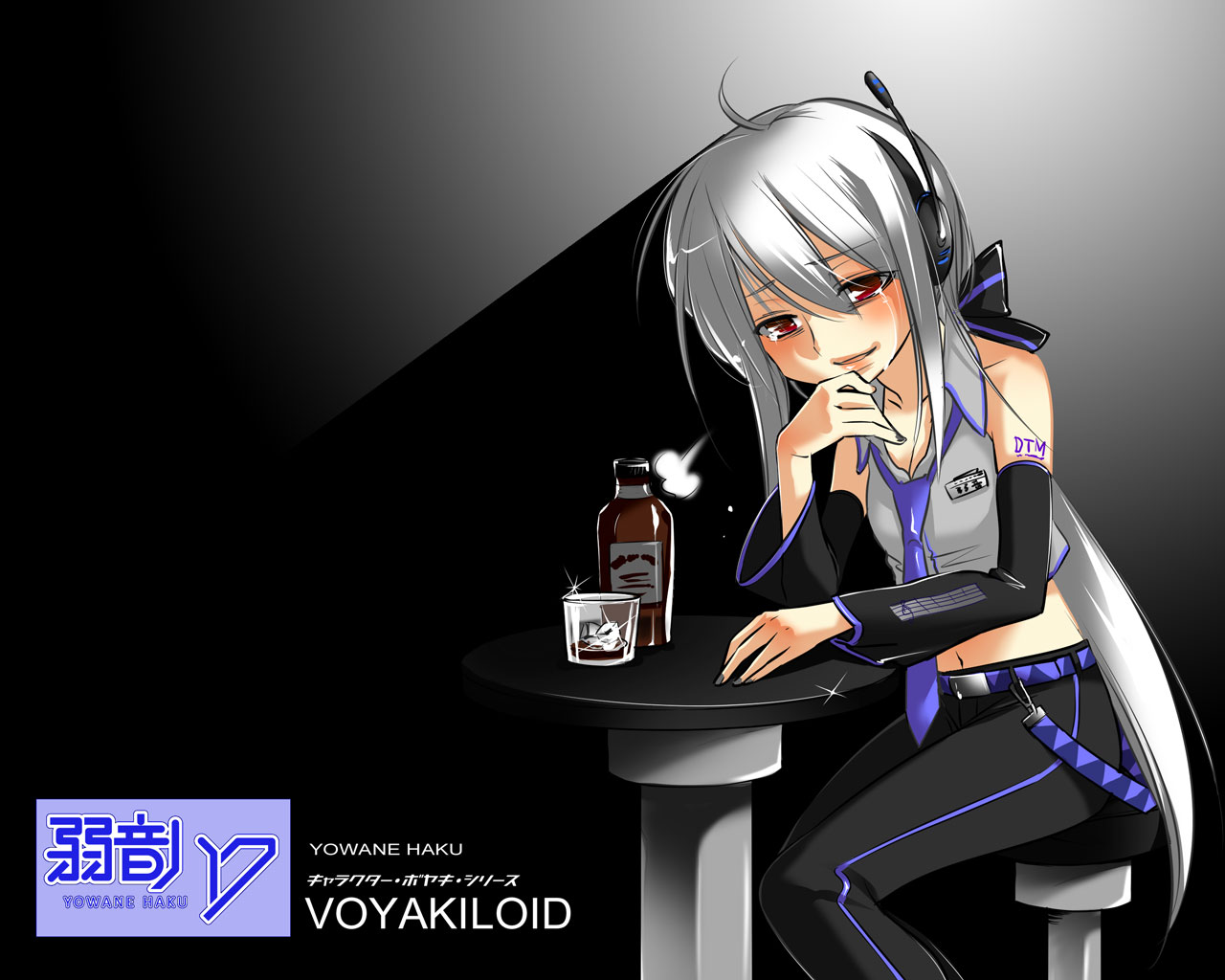 caffein, yowane haku, vocaloid, silver hair, 1girl, alchohol, alcohol, drunk, female focus, headphones, long hair, ponytail, red eyes, solo, tears, very long hair