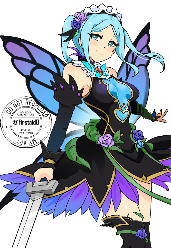 yukia (firstaid0), flora (fire emblem), flora (resplendent) (fire emblem), fire emblem, fire emblem fates, fire emblem heroes, nintendo, commentary request, revision, 1girl, armpits, bare shoulders, black thighhighs, blue eyes, blue hair, breasts, bridal gauntlets, bug, butterfly, butterfly wings, closed mouth, detached sleeves, dress, fairy wings, flower, hair flower, hair ornament, headdress, holding, holding sword, holding weapon, insect, insect wings, large breasts, long hair, looking at viewer, maid, maid headdress, medium breasts, official alternate costume, simple background, smile, solo, sword, thighhighs, thighs, twintails, weapon, white background, wings