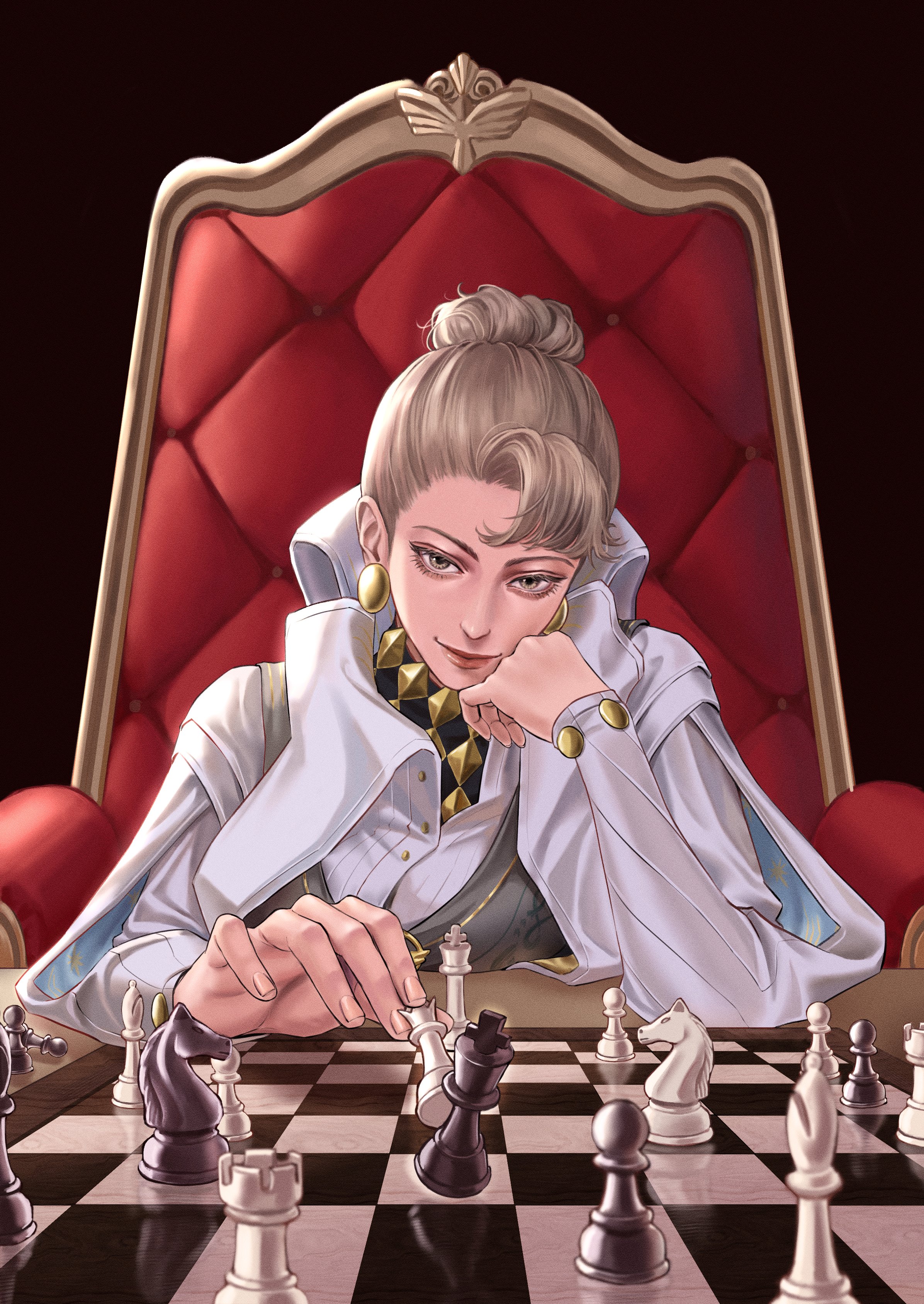 constantine (reverse:1999), reverse:1999, absurdres, highres, 1girl, alientomoe, bishop (chess), black background, board game, brown hair, chess, chess piece, chessboard, earrings, elbows on table, grey eyes, grey vest, hair bun, hand on own cheek, hand on own face, head rest, holding, holding chess piece, jewelry, king (chess), knight (chess), looking at viewer, pawn (chess), queen (chess), rook (chess), shirt, short hair, sitting, sitting on throne, smile, solo, throne, upper body, vest, white shirt