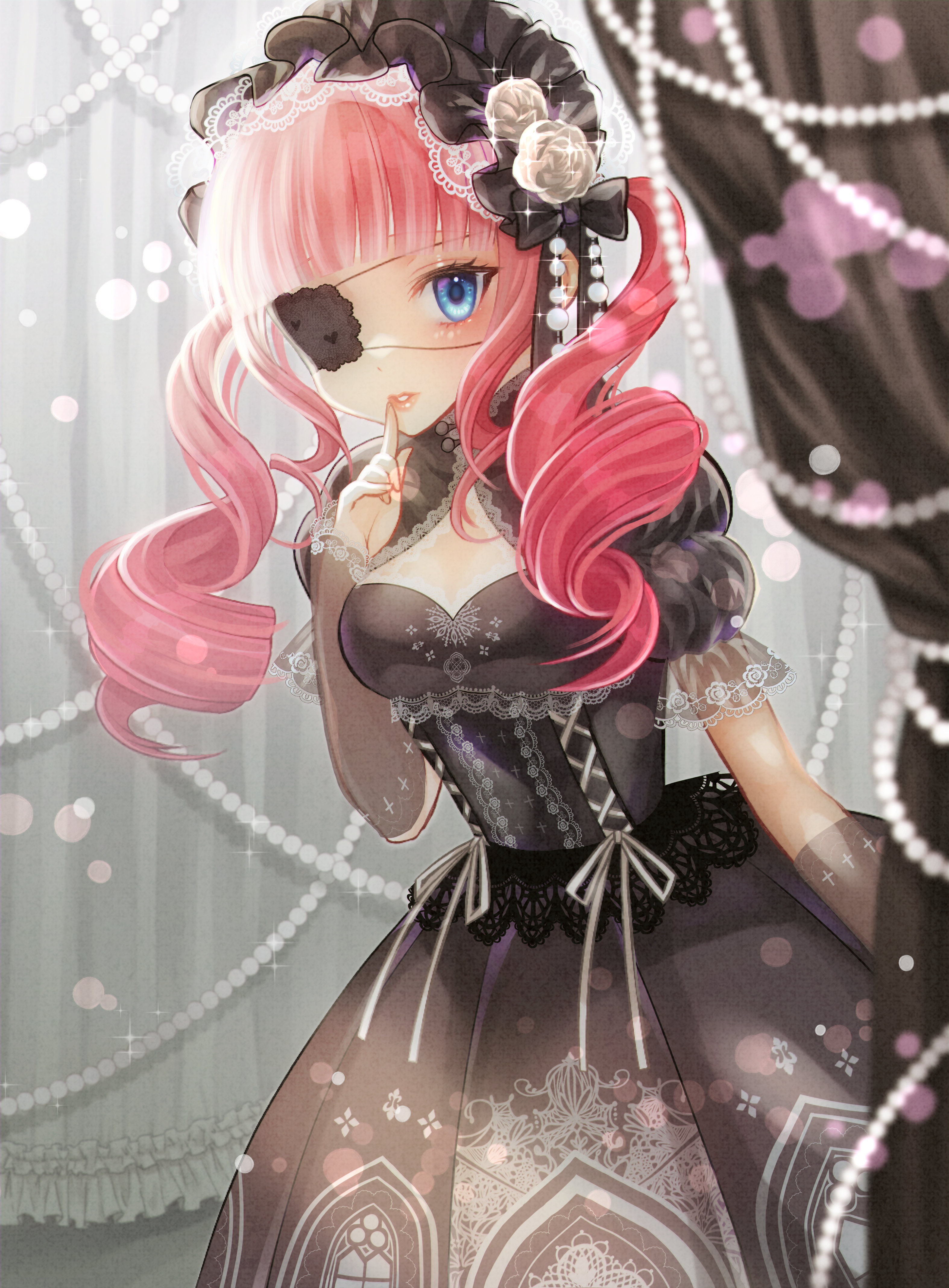 yaka (ir mc8a), nikki (series), shining nikki, absurdres, commentary request, highres, 1girl, black bow, black dress, black hairband, blue eyes, blunt bangs, bow, breasts, cleavage, cleavage cutout, clothing cutout, collared dress, cowboy shot, cross-laced clothes, cross-laced dress, curtains, dress, dress ribbon, drill hair, eyelashes, eyepatch, finger to mouth, floral print, flower, frilled hairband, frilled sleeves, frills, gothic lolita, grey arm warmers, hair bow, hair flower, hair ornament, hair over shoulder, hairband, high collar, indoors, lace, lace-trimmed arm warmers, lace-trimmed dress, lace-trimmed hairband, lace trim, light blush, light particles, lipstick, lolita fashion, lolita hairband, long dress, long hair, makeup, parted lips, pink hair, pink lips, pleated dress, puffy short sleeves, puffy sleeves, ribbon, rose, rose print, short sleeves, solo, standing, stylist (nikki), tsurime, twin drills, twintails, white flower, white ribbon, white rose