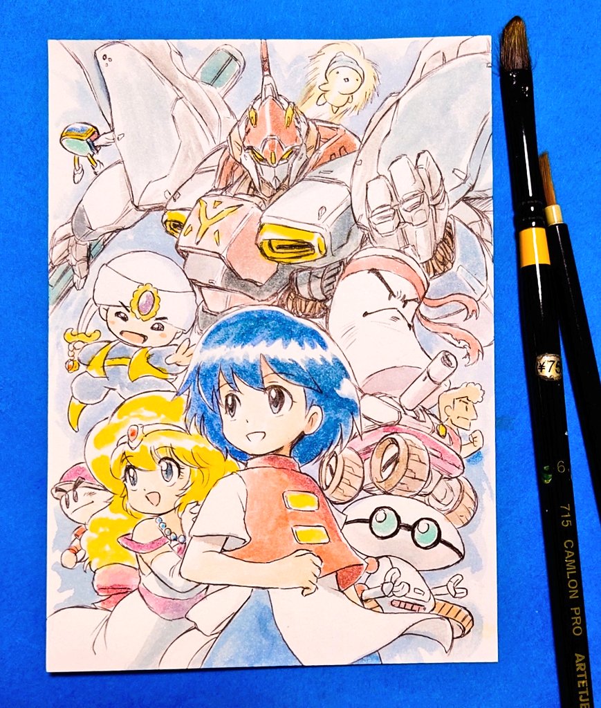 blaster master, dead zone, heika (heikahp), bonus-kun (waku waku 7), cal (ripple island), hebereke (character), opa-opa, fantasy zone, hebereke, ripple island, sunsoft, waku waku 7, commentary, traditional media, adian no tsue, apron, arabian clothes, art tools in frame, aura, baseball cap, beanie, bird, blonde hair, blue eyes, blue hair, blue hat, blue pants, blue shirt, blue skirt, cantettatte!! baseball, carry (dead zone), circlet, company connection, crossover, dress, fighting worker, flying, hat, headband, holding, holding sword, holding weapon, interlocked fingers, jewelry, mecha, military vehicle, motor vehicle, multiple crossover, necklace, non-humanoid robot, open clothes, open mouth, open vest, out live, own hands clasped, own hands together, paintbrush, pants, parted lips, pearl necklace, penguin, pom pom (clothes), pom pom beanie, princess (adian no tsue), punching bag, red hat, red headband, red shirt, red tank top, robot, scimitar, shirt, short hair, skirt, smile, standing, super arabian, sword, tank, tank top, the guinness, turban, vest, waist apron, weapon, white apron, white dress, white sleeves, white wings, wings, yellow vest
