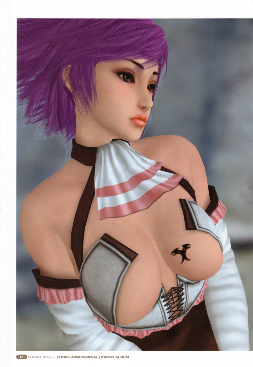 hinomoto fujiko, noble rose, rumble roses, 1girl, 3d, breasts, brown eyes, female focus, large breasts, purple hair, solo, tattoo