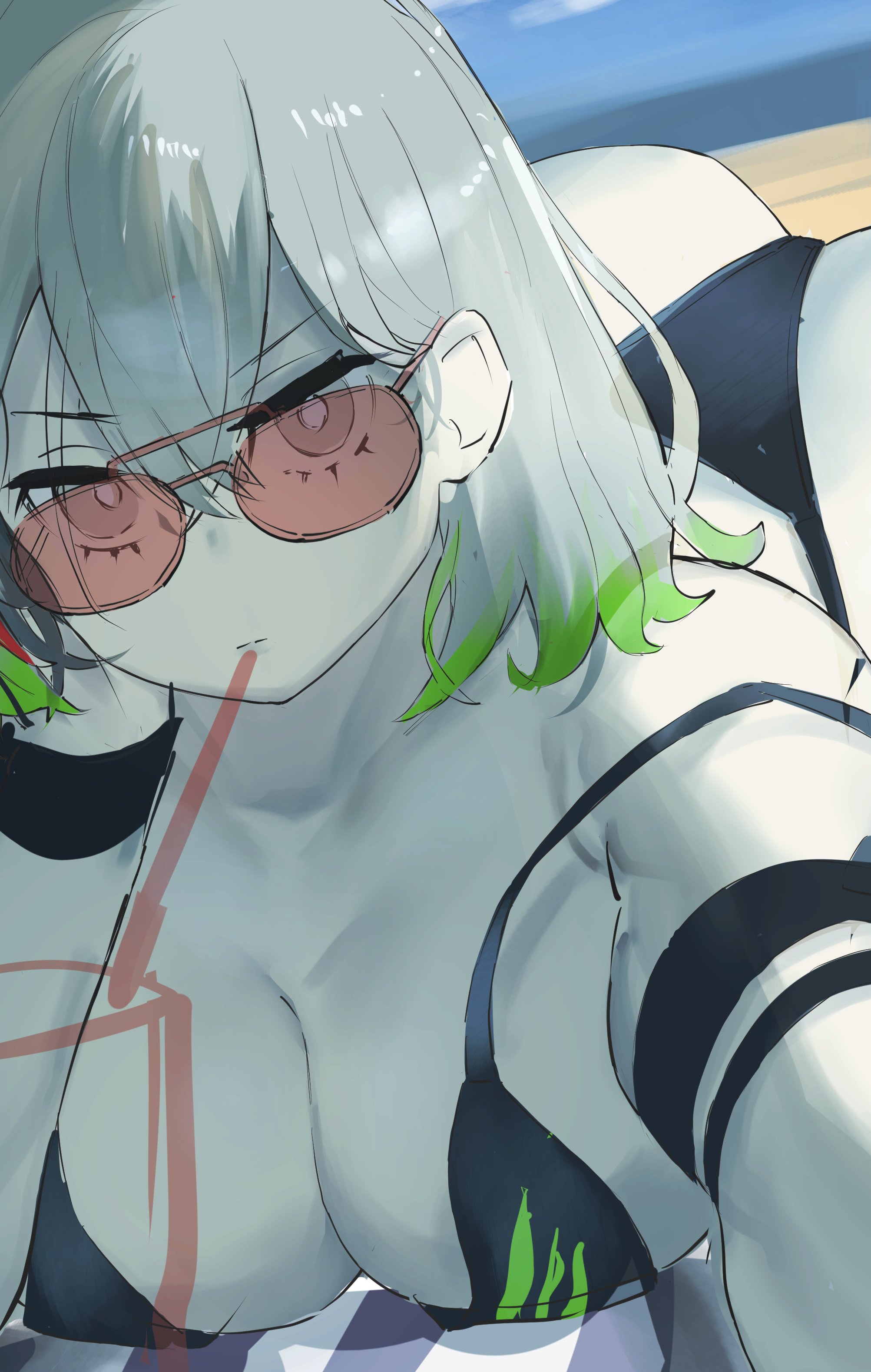 dougaku (passionpit777), diabellstar the black witch, yu-gi-oh!, absurdres, highres, 1girl, beach, bikini, black bikini, breasts, cleavage, colored tips, duel monster, green hair, grey eyes, grey hair, large breasts, medium hair, multicolored hair, pale skin, solo, string bikini, swimsuit