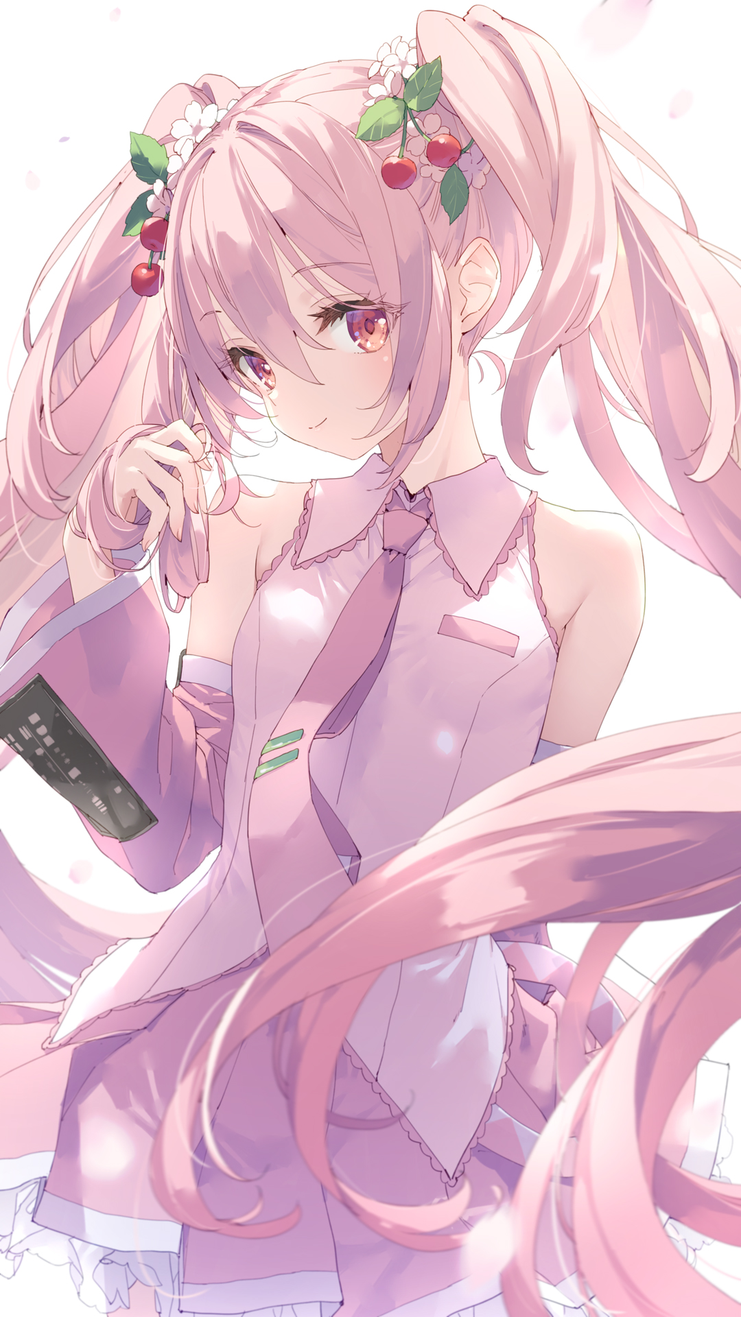 hatsune miku, sakura miku, vocaloid, commentary request, highres, 1girl, arm at side, backlighting, bare shoulders, blurry, blurry foreground, breasts, cherry hair ornament, closed mouth, collared shirt, cowboy shot, detached sleeves, double-parted bangs, falling petals, fingernails, flower, food-themed hair ornament, frilled shirt, frilled shirt collar, frills, hair between eyes, hair flower, hair ornament, hand in own hair, hand up, long hair, long sleeves, looking at viewer, miniskirt, necktie, niwasakisasaki, petals, petticoat, pink eyes, pink hair, pink necktie, pink petals, pink skirt, pink sleeves, pink trim, pleated skirt, shirt, simple background, skirt, sleeveless, sleeveless shirt, small breasts, smile, solo, standing, tie clip, twintails, very long hair, white background, white flower, white shirt, white trim, wide sleeves