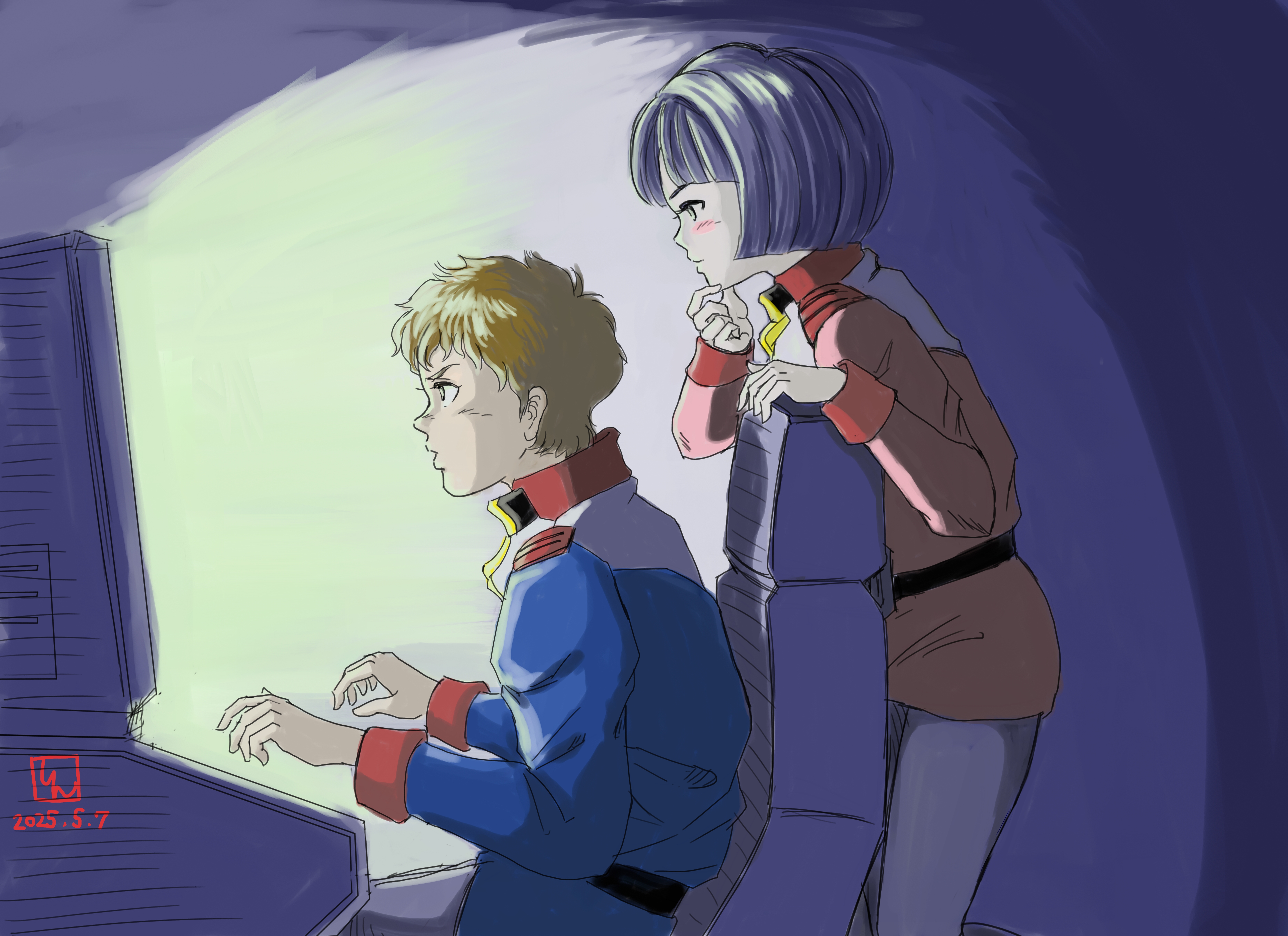 amuro ray, shiiko sugai, gundam, gundam gquuuuuux, mobile suit gundam, absurdres, commentary request, highres, 1boy, 1girl, bc freedom military uniform, blue hair, blush stickers, brown hair, computer, crossover, dated, derabettshin, earth federation, from side, leaning on object, monitor, scarf, short hair, signature