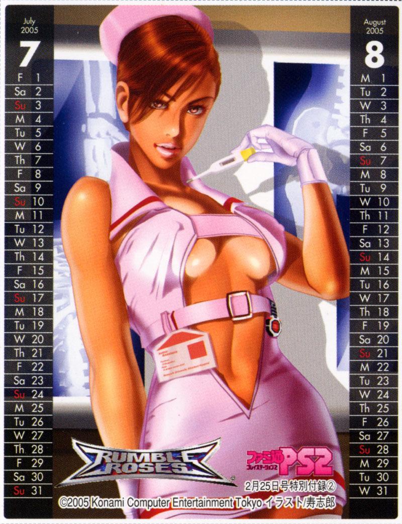 kotobuki shiro, anesthesia, anesthesia (rumble roses), rumble roses, scan, 00s, 1girl, 2005, august, bare shoulders, belt, border, breasts, brown eyes, brown hair, calendar, center opening, cleavage, collar, company name, contrapposto, copyright name, cowboy shot, dark-skinned female, dark skin, dress, female focus, gloves, hat, july, linea alba, lips, lipstick, looking at viewer, makeup, medium breasts, miniskirt, no bra, nurse, nurse cap, parted lips, pink dress, pink gloves, pink lips, red hair, short dress, short hair, skirt, sleeveless, sleeveless dress, solo, standing, swept bangs, thermometer, thighhighs, watch, white border, x-ray film