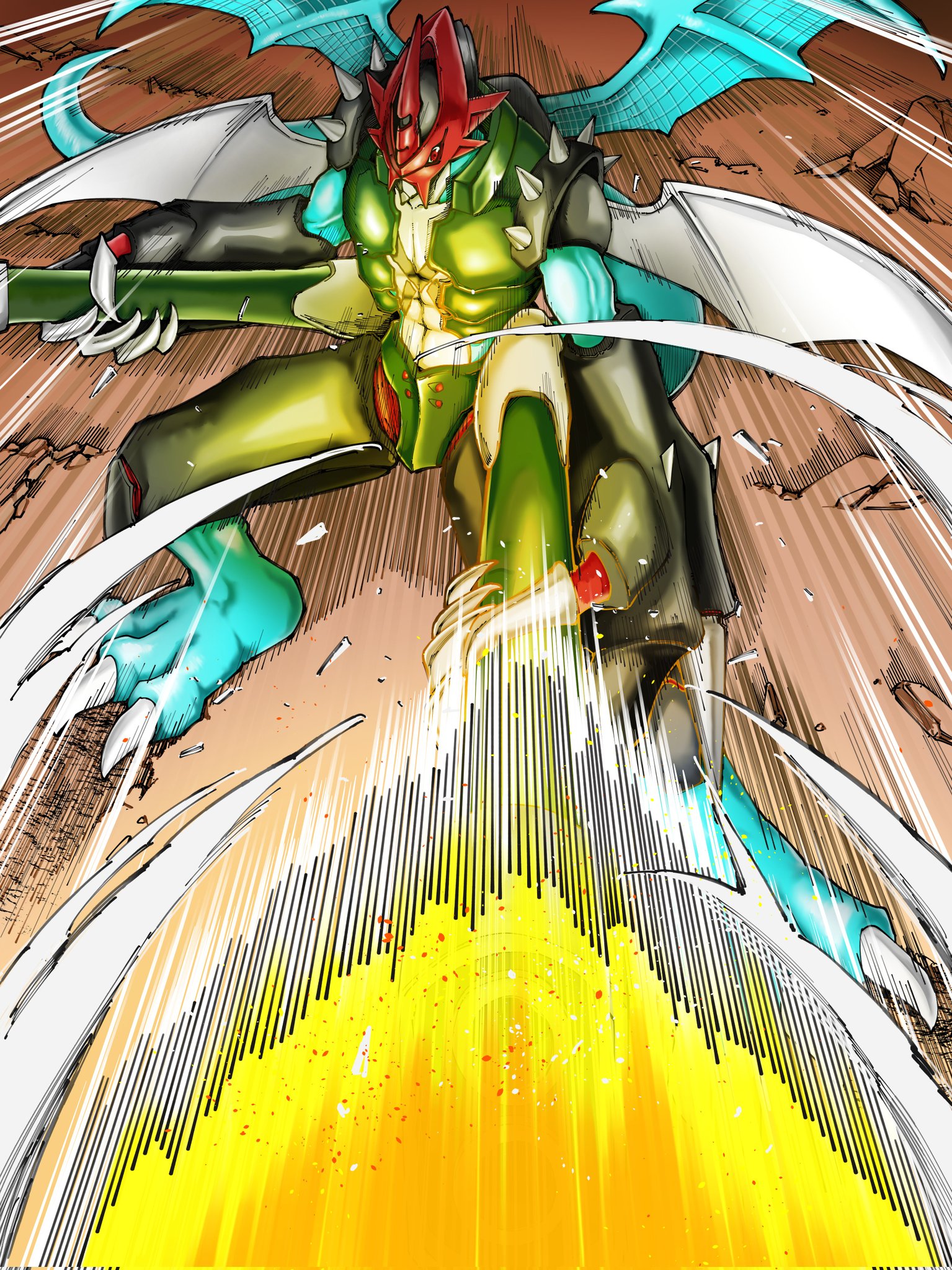 paildramon, digimon, highres, armor, blue wings, digimon (creature), dragon, eikenkobayashi, firing, green armor, red eyes, standing, white wings, wings