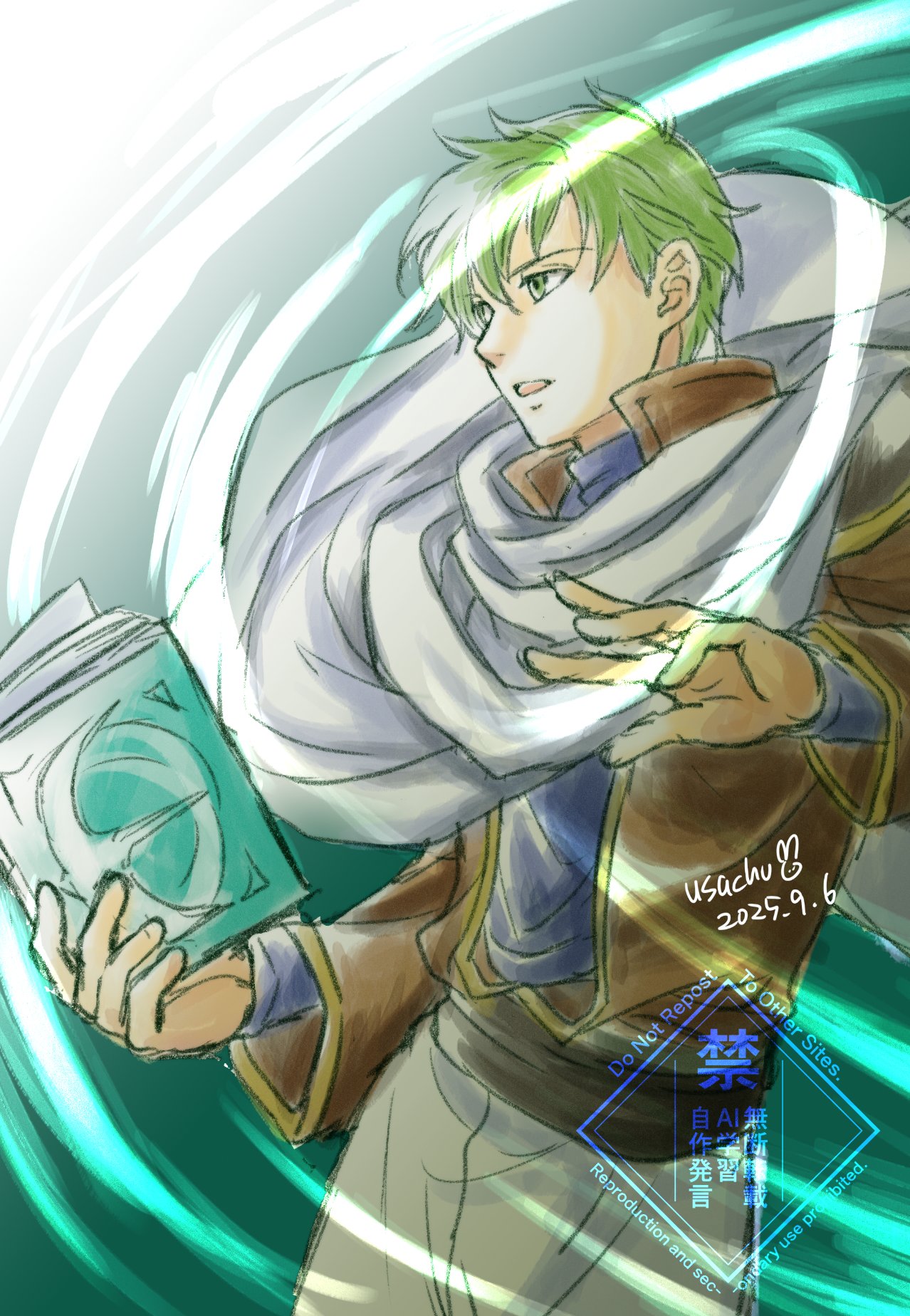 usachu now, ced (fire emblem), fire emblem, fire emblem: thracia 776, nintendo, commentary, highres, 1boy, book, cape, casting spell, dated, gradient background, green background, green eyes, green hair, holding, holding book, long sleeves, looking ahead, male focus, open mouth, short hair, signature, simple background, solo, watermark, white cape, wind