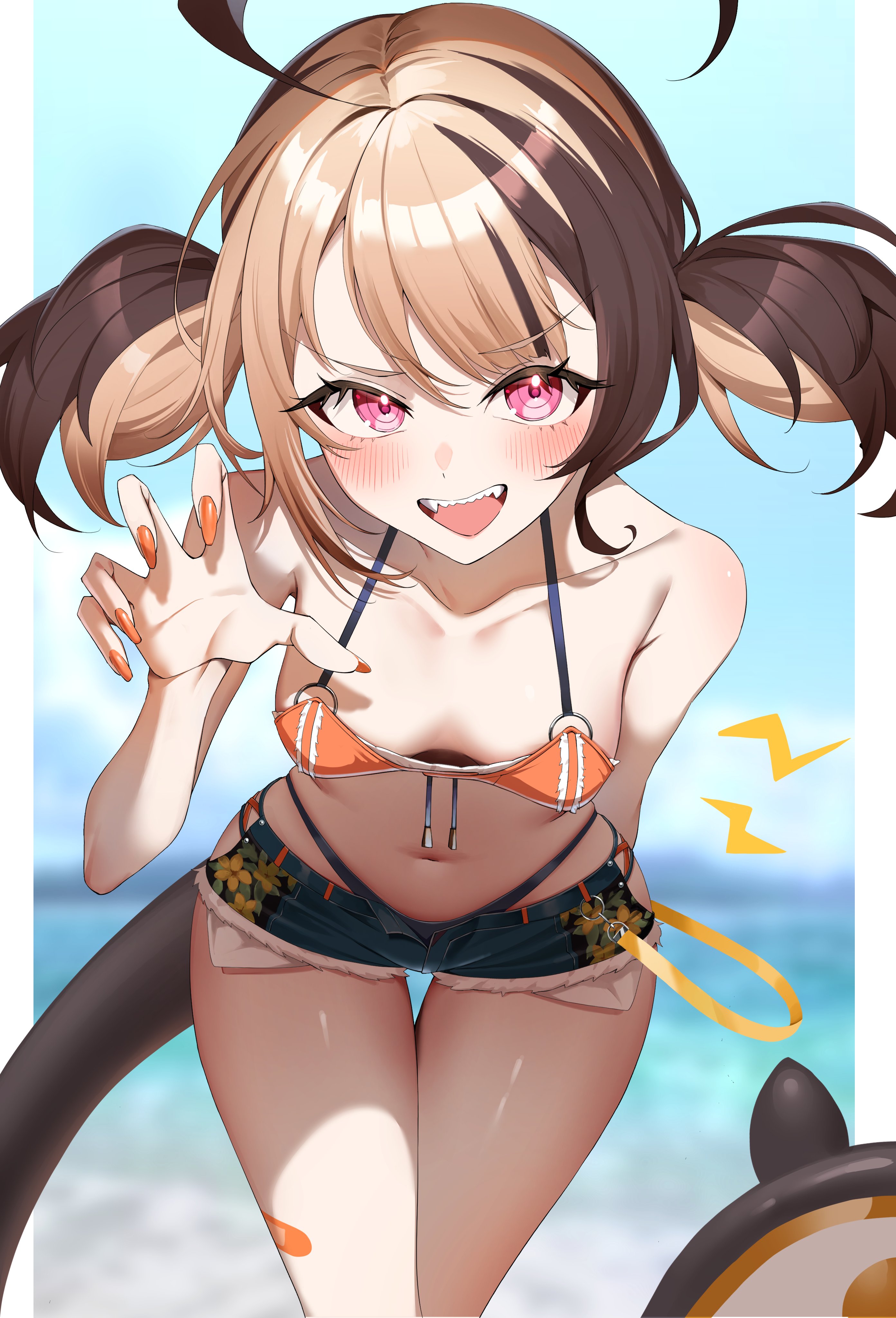 gawawawa, gigi murin, gigi murin (holonatsu paradise), hololive, hololive english, absurdres, hashtag-only commentary, highres, 1girl, ahoge, arm behind back, bandaid, bandaid on leg, bare shoulders, bikini, bikini under shorts, black bikini, black tail, blurry, blurry background, blush, breasts, brown hair, claw pose, collarbone, denim, denim shorts, drawstring, exposed pocket, fingernails, halterneck, huge ahoge, leaning forward, looking at viewer, multicolored hair, navel, official alternate costume, open fly, open mouth, orange bikini, orange nails, pillarboxed, pink eyes, sharp teeth, short hair, short shorts, short twintails, shorts, small breasts, smile, solo, stomach, swimsuit, teeth, thigh gap, thighs, twintails, two-tone hair, virtual youtuber