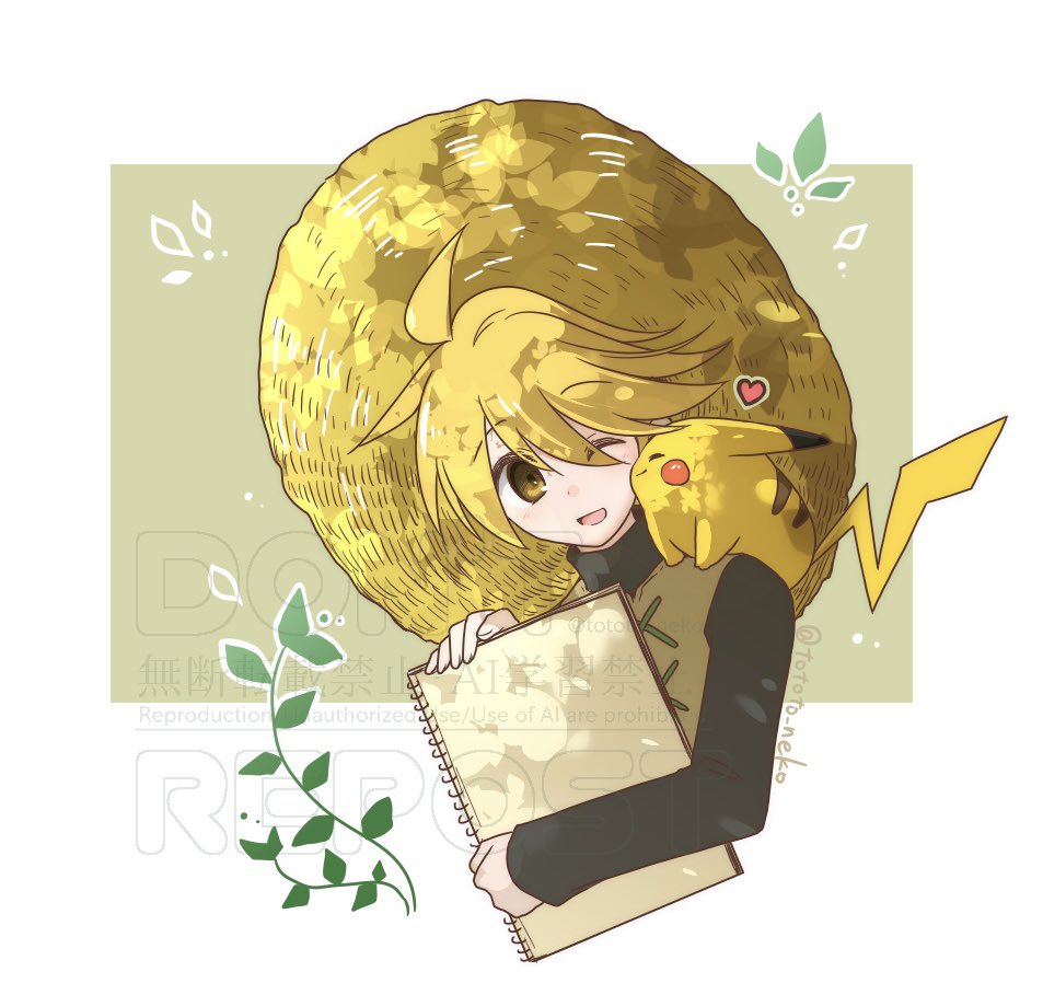 tototo neko, pika (pokemon), pikachu, yellow (pokemon), nintendo, pokemon, pokemon adventures, 1girl, ;d, black shirt, brown hat, cropped torso, gen 1 pokemon, hat, heart, holding, holding notebook, long sleeves, looking at another, notebook, on shoulder, one eye closed, open mouth, pokemon (creature), pokemon on shoulder, shirt, short hair, smile, spiral notebook, twitter username