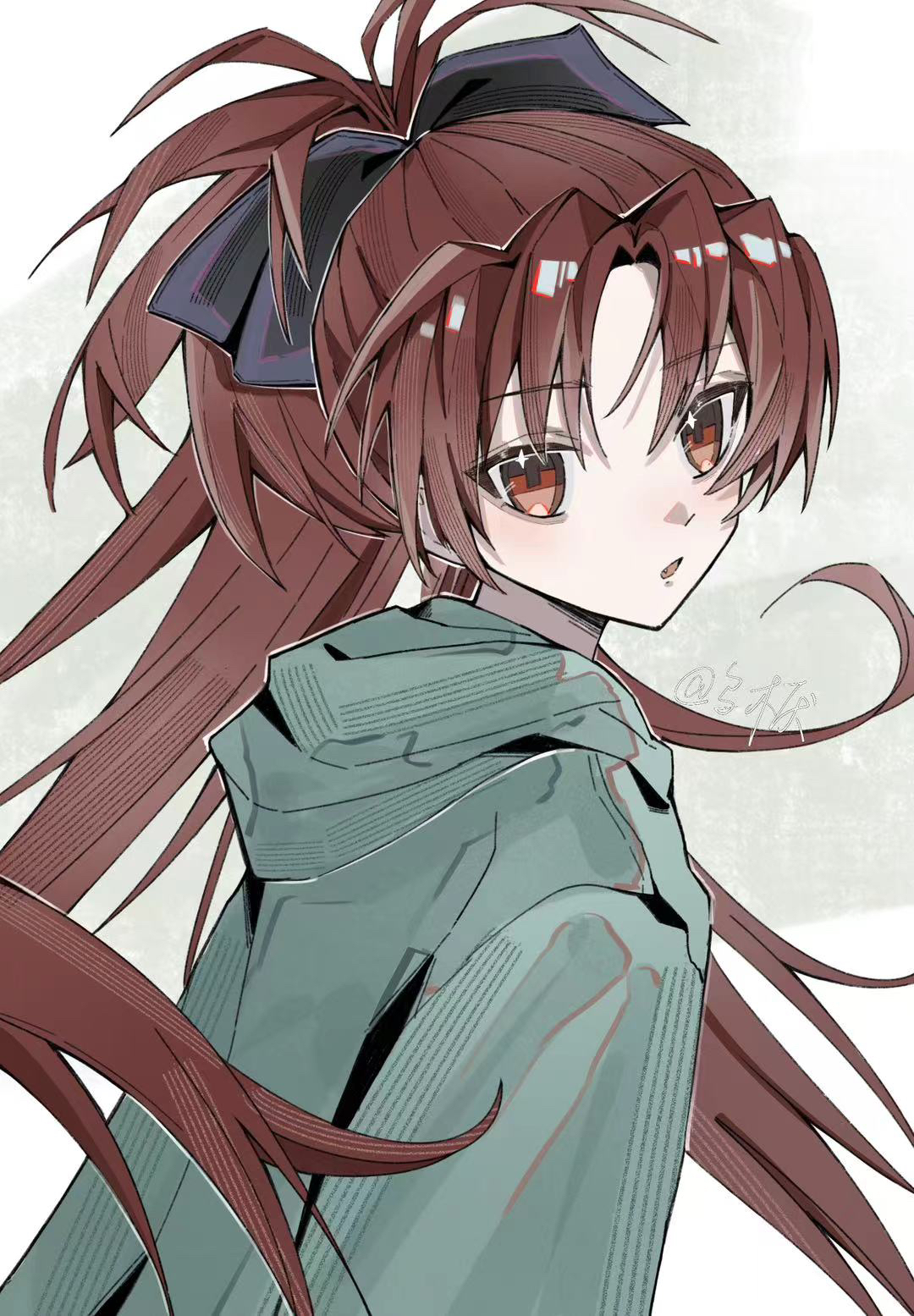 sakura kyoko, mahou shoujo madoka magica, mahou shoujo madoka magica (anime), highres, 1girl, :o, bow, fang, green jacket, hair bow, hood, hood down, hooded jacket, jacket, long hair, looking at viewer, mayao863, open mouth, ponytail, red eyes, red hair, simple background, solo, upper body, white background