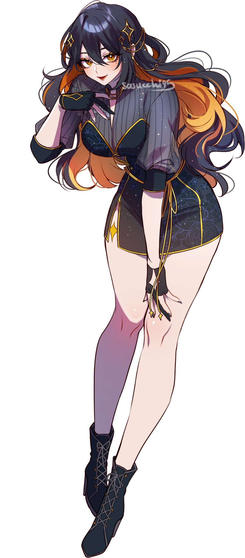 sasucchi95, original, commentary, commission, english commentary, highres, 1girl, aegyo sal, ankle boots, artist name, bare legs, black boots, black dress, black gloves, black hair, black nails, blush, boots, breasts, cleavage, closed mouth, clothing cutout, colored inner hair, double-parted bangs, dress, eyelashes, floral print, floral print dress, full body, glove cutout, gloves, gold trim, hair between eyes, hair ornament, hand on own chest, hand on own thigh, high heel boots, high heels, lace-up boots, large breasts, leaning forward, light particles, long hair, looking at viewer, mole, mole under eye, multicolored hair, nail polish, orange eyes, orange hair, partially fingerless gloves, print dress, puffy sleeves, red lips, ribbed shirt, ringed eyes, see-through clothes, see-through shirt, shirt, short dress, side slit, simple background, single hair intake, smile, solo, sparkle, sparkle hair ornament, standing, strapless, strapless dress, three-quarter sleeves, tsurime, two-tone hair, very long hair, wavy hair, white background