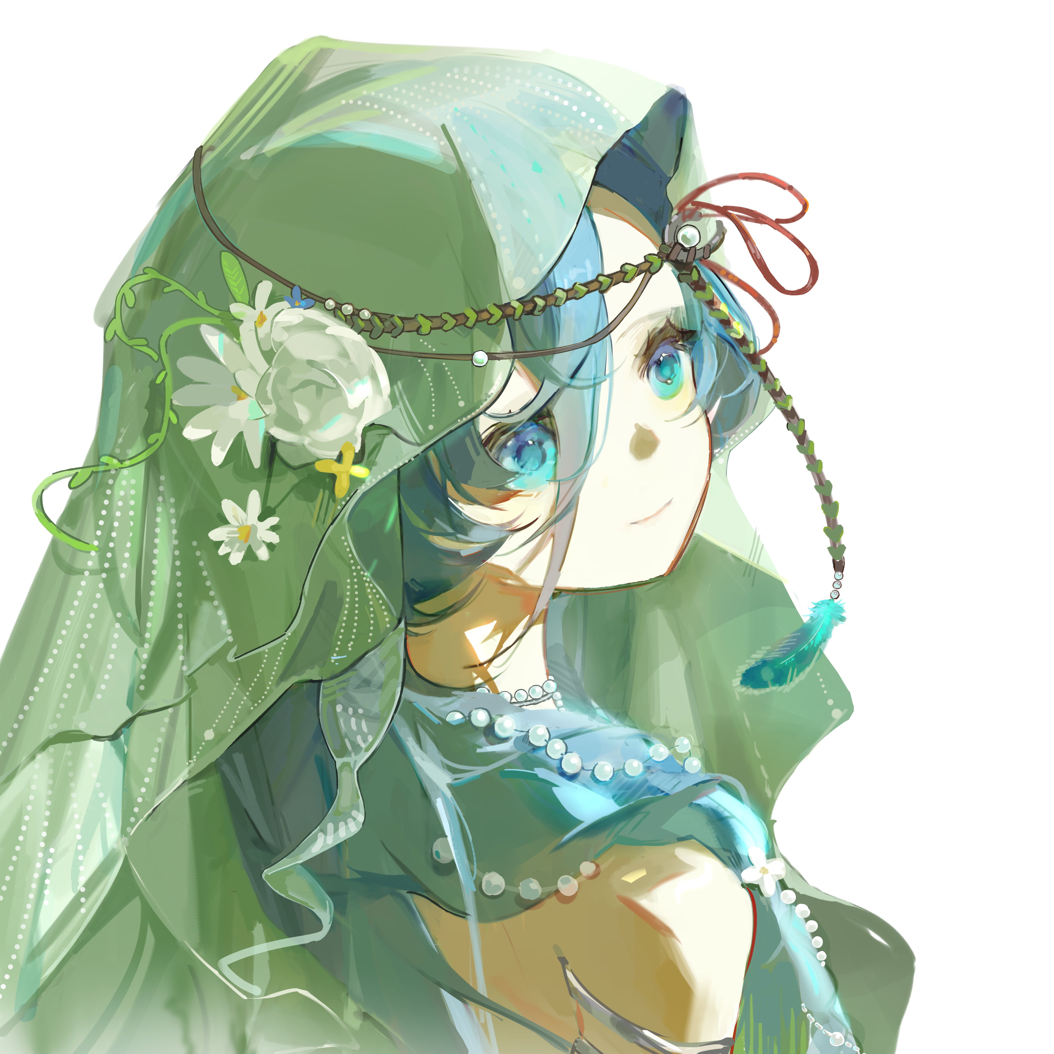 37 (happy bird catcher) (reverse:1999), 37 (reverse:1999), reverse:1999, absurdres, highres, 1girl, bare shoulders, blue eyes, blue hair, flower, from side, green veil, hair between eyes, hair flower, hair ornament, long hair, looking to the side, official alternate costume, shengchuanwu, solo, turning head, upper body, veil, white background, white flower