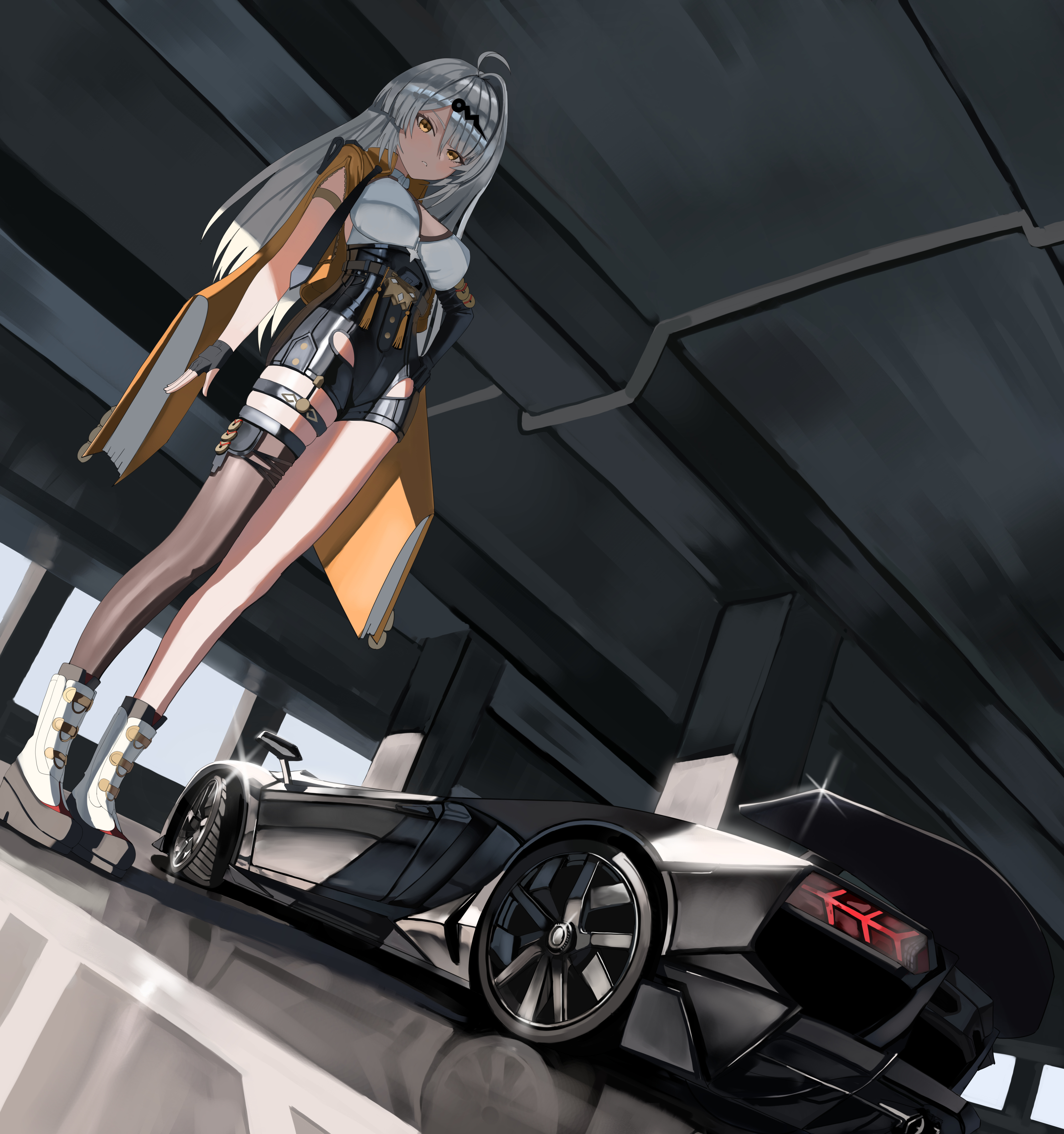 irv v12, yixuan (zenless zone zero), lamborghini, zenless zone zero, absurdres, highres, 1girl, black gloves, black shorts, black thighhighs, boots, breasts, cape, car, fingerless gloves, from below, gloves, hair between eyes, high-waist shorts, lamborghini aventador, lamborghini aventador j, large breasts, long hair, looking at viewer, motor vehicle, parted lips, shirt, shorts, sidelocks, single thighhigh, sleeveless, sleeveless shirt, solo, thigh strap, thighhighs, white boots, white shirt, yellow cape, yellow eyes