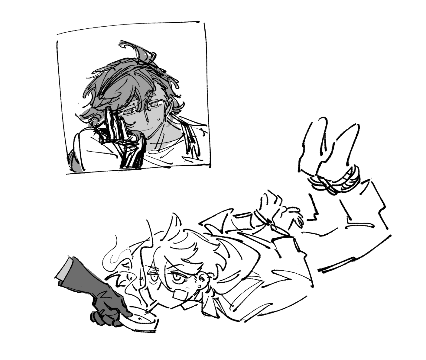 nideaneng, miorine rembran, suletta mercury, gundam, gundam suisei no majo, 2girls, bandaid, bandaid on face, black gloves, bound, chain, chained, dark-skinned female, dark skin, facepalm, full body, gloves, greyscale, lying, monochrome, multiple girls, smoke, smoking, tied up (nonsexual), upper body, worried