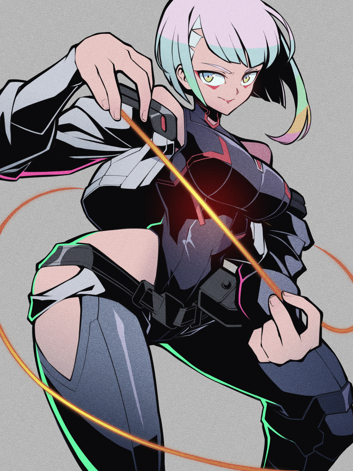 pechamaju, lucy (cyberpunk), cyberpunk: edgerunners, cyberpunk (series), guilty gear, guilty gear strive, commentary request, highres, 1girl, breasts, closed mouth, clothing cutout, eyeliner, grey background, makeup, monowire, off-shoulder jacket, off shoulder, red eyeliner, simple background, smile, solo, white hair, yellow eyes