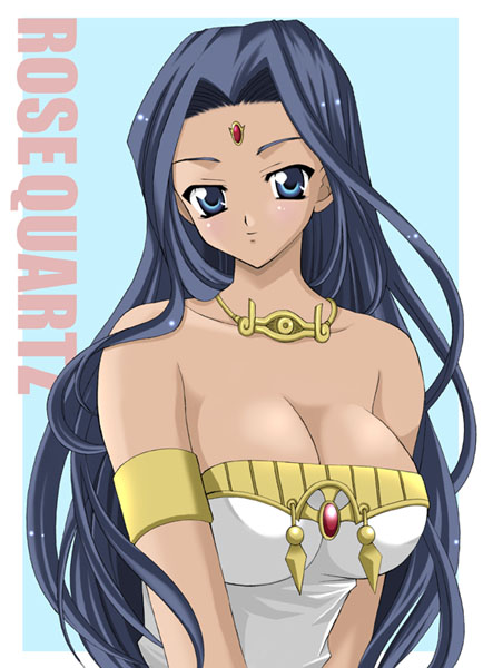 ishizu ishtar, yu-gi-oh!, yu-gi-oh! duel monsters, 1girl, ancient egyptian, blue eyes, blue hair, breasts, cleavage, dark-skinned female, dark skin, female focus, gold trim, jewelry, large breasts, long hair, lots of jewelry, matching hair/eyes, necklace, solo, strapless
