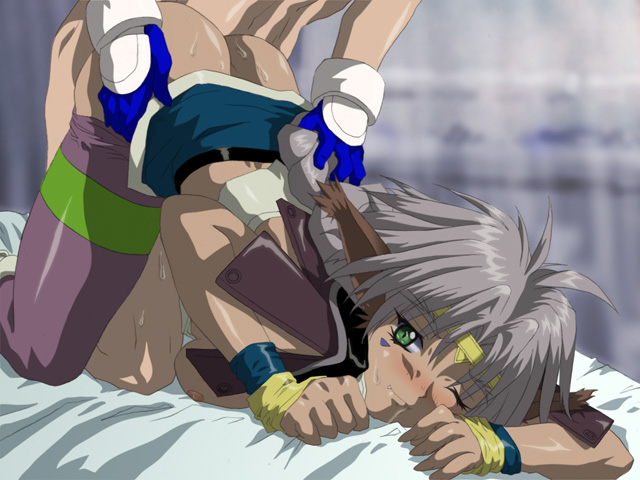 aisha clanclan, gene starwind, outlaw star, silver hair, 1990s (style), 1boy, 1girl, anal, animal ears, ass, bed, bed sheet, bent over, blush, braid, breast press, breasts, cat ears, cat tail, circlet, clothed female nude male, clothes pull, doggystyle, facial mark, fang, gloves, grabbing another's hair, green eyes, headband, hetero, holding another's hair, long hair, nipples, no bra, no panties, nude, one eye closed, open clothes, open shirt, pantyhose, pantyhose pull, retro artstyle, saliva, sex, sex from behind, shirt, single braid, skirt, solo focus, sweat, tail, top-down bottom-up, torso grab, wink, wristband
