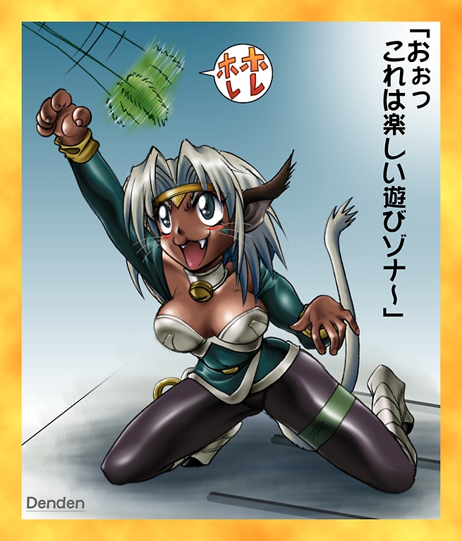 denden (dot collector), aisha clanclan, outlaw star, silver hair, 1990s (style), 1girl, :3, animal ears, aqua eyes, bell, blush stickers, bracelet, braid, breasts, cat ears, cat girl, cat tail, cat teaser, circlet, cleavage, dark-skinned female, dark skin, fangs, female focus, full body, jewelry, large breasts, long hair, open mouth, single braid, solo, tail