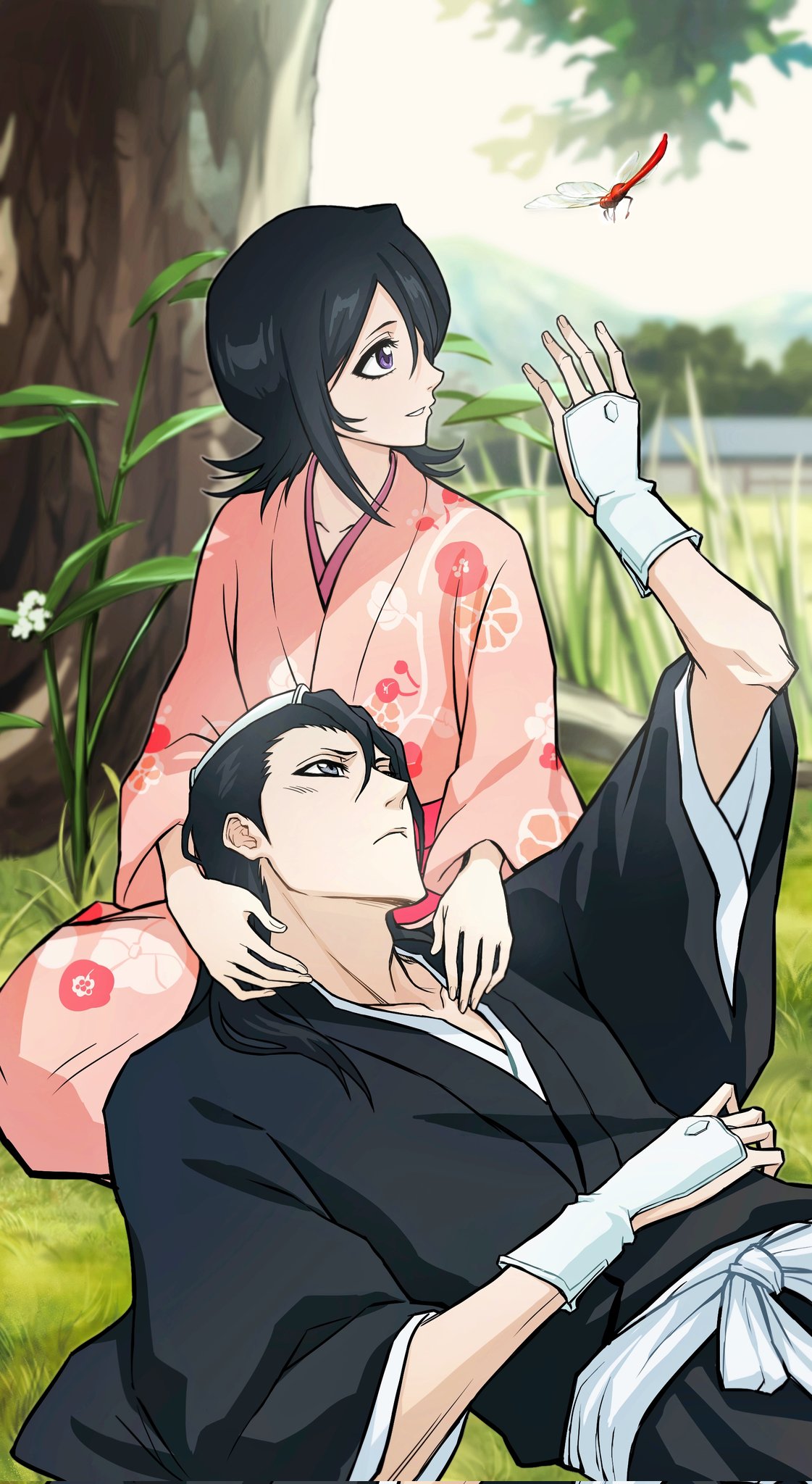 antatica11, kuchiki byakuya, kuchiki hisana, bleach, commentary, corrupted twitter file, english commentary, highres, 1boy, 1girl, black hair, black kimono, blurry, blurry background, bug, couple, cowboy shot, day, dragonfly, flipped hair, floral print, floral print kimono, frown, grass, hand up, hetero, insect, japanese clothes, kimono, lap pillow, light blush, long hair, long sleeves, looking at animal, lying, medium hair, on back, on grass, outdoors, parted lips, print kimono, profile, purple eyes, sitting, smile, tree, tsurime, upturned eyes, wide sleeves