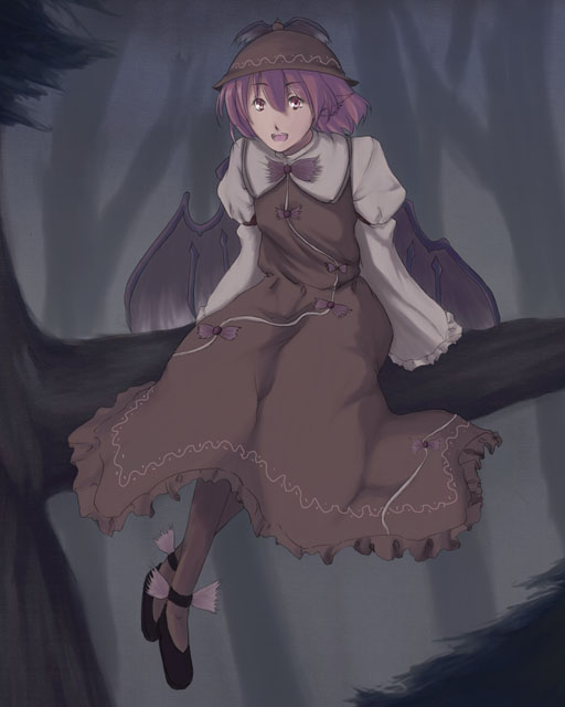 mystia lorelei, touhou, brown legwear, 1girl, brown dress, dress, female focus, hat, in tree, pink eyes, pink hair, short hair, sitting, sitting in tree, solo, tree, wings