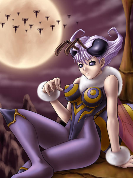 kagami, kim hyung tae, q-bee, capcom, darkstalkers, antennae, arthropod girl, bee, bee girl, breasts, bug, monster girl, purple eyes, purple hair, wings