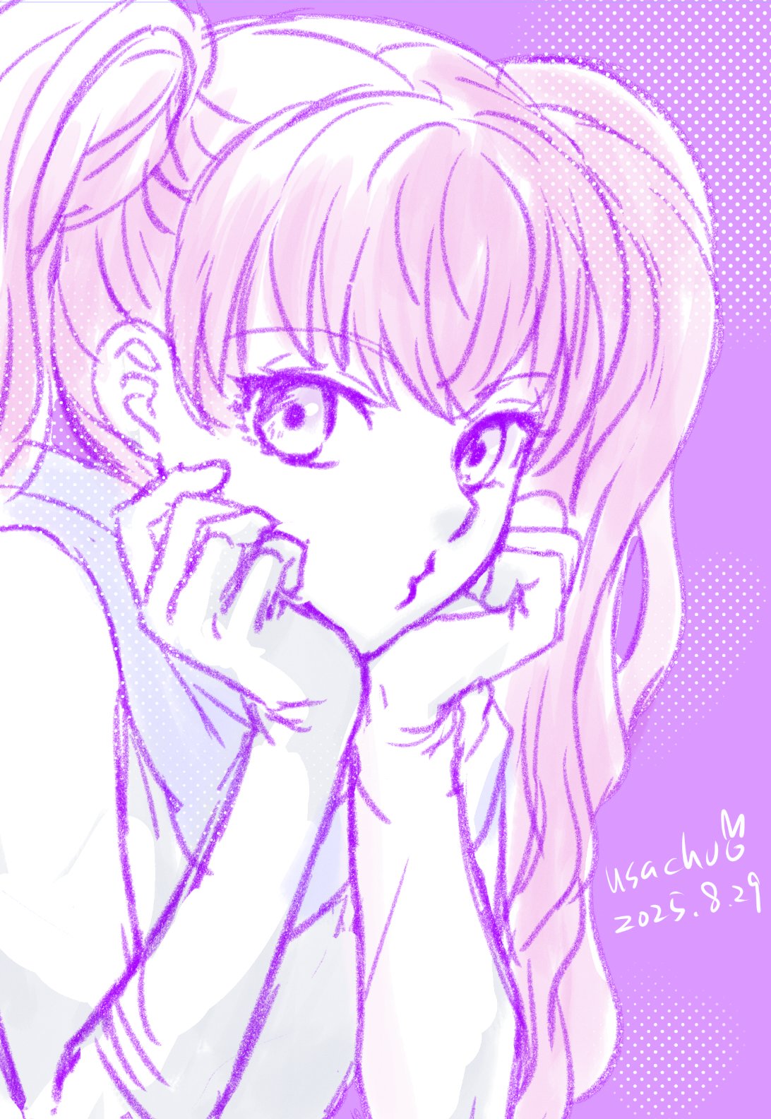 usachu now, serra (fire emblem), fire emblem, fire emblem: the blazing blade, nintendo, highres, 1girl, ben-day dots, close-up, dated, elbow gloves, gloves, head rest, long hair, looking at viewer, monochrome, o3o, pink theme, screentones, signature, simple background, solo, twintails
