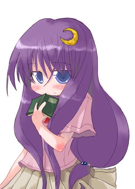 tao, tao (kadoya), patchouli knowledge, touhou, 1girl, blush, book, casual, crescent, crescent hair ornament, female focus, hair ornament, solo