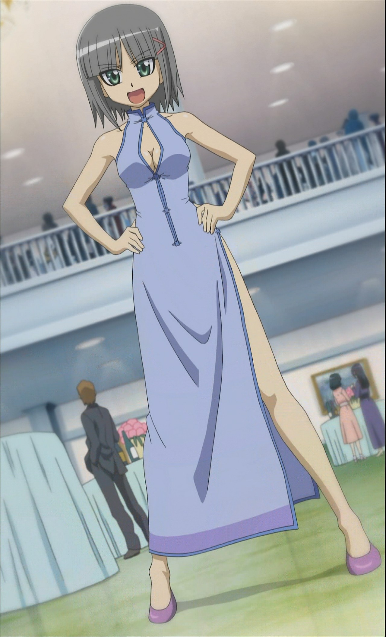 aizawa sakuya, hayate no gotoku!, purple footwear, anime screenshot, highres, stitched, third-party edit, 00s, 1girl, bare shoulders, blue dress, breasts, china dress, chinese clothes, cleavage, cleavage cutout, clothing cutout, collarbone, dress, full body, green eyes, hair ornament, hands on own hips, looking at viewer, medium breasts, open mouth, shoes, short hair, solo focus, spread legs, standing, x hair ornament