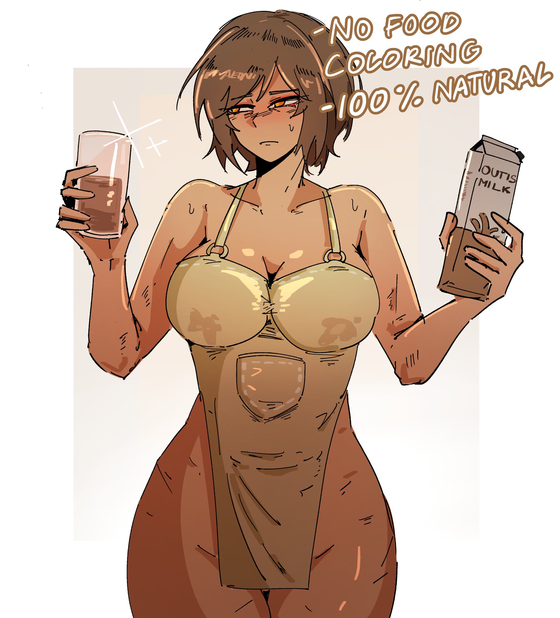 arczaeon, outis (project moon), limbus company, project moon, commentary, english commentary, highres, 1girl, apron, blush, brown apron, brown hair, chocolate milk, closed mouth, cowboy shot, cup, dark-skinned female, dark skin, detached sleeves, frown, grey background, holding, holding cup, holding milk carton, implied lactation, looking afar, milk carton, naked apron, orange eyes, short hair, solo, white background