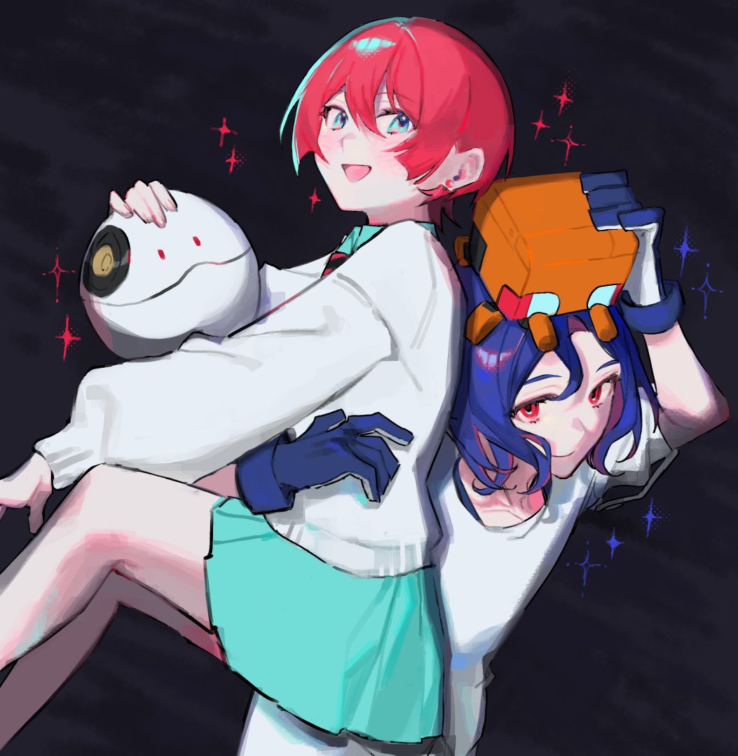 amate yuzuriha, conch (gundam), haro, shuji ito, gundam, gundam gquuuuuux, commentary, 1boy, 1girl, 6pb09, aqua eyes, aqua shirt, aqua skirt, arm around waist, black gloves, black necktie, blue hair, carrying, carrying person, conch, crescent, crescent earrings, diagonal-striped clothes, diagonal-striped necktie, earrings, gloves, jewelry, lifting person, long sleeves, multicolored hair, necktie, non-humanoid robot, pleated skirt, red eyes, red hair, red necktie, robot, school uniform, shirt, skirt, sleeves rolled up, sparkle, sparkling aura, striped clothes, sweater, two-tone hair, white shirt, white sweater