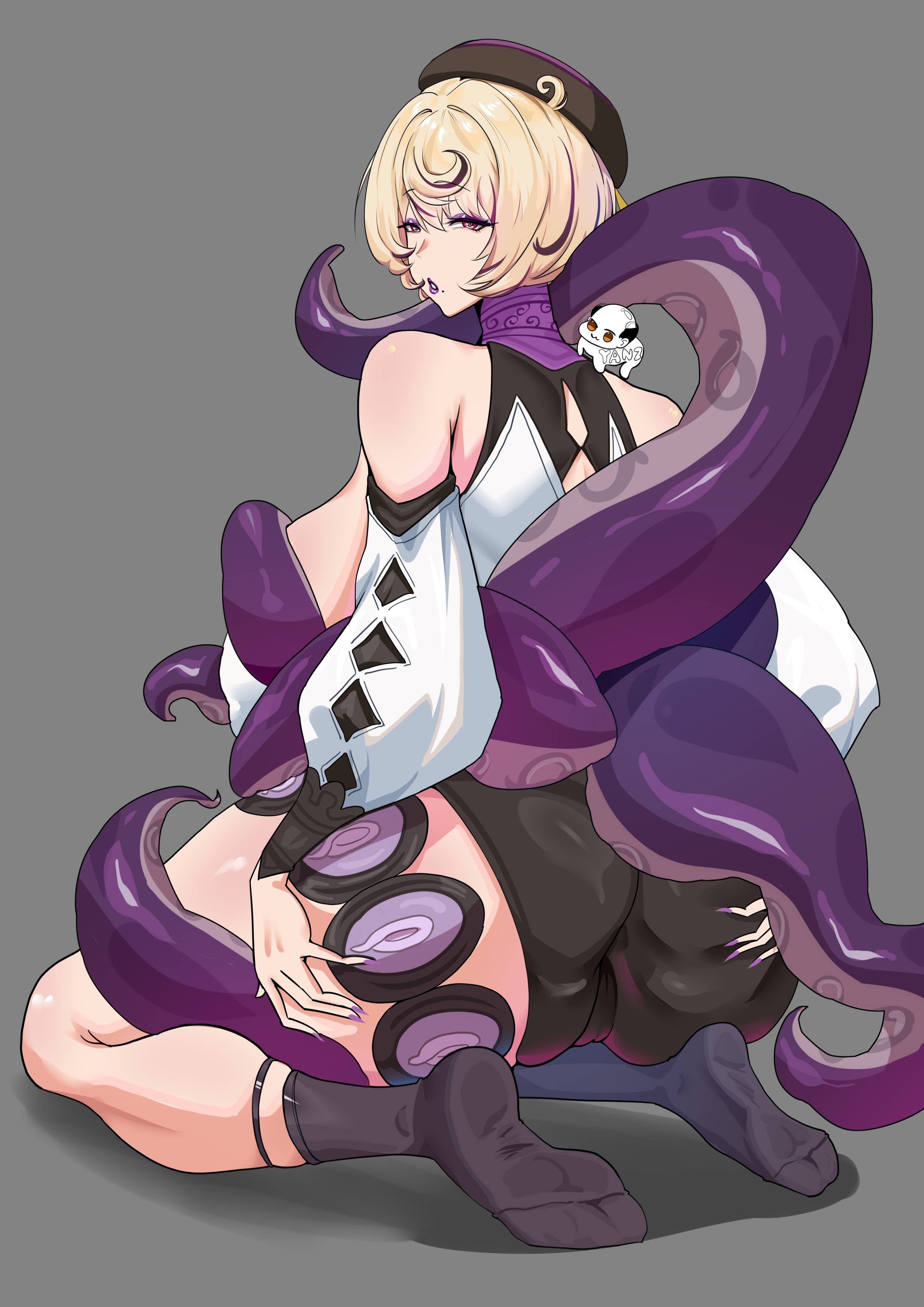 yanz2, ass grab, black headwear, highres, 1girl, ass, bare shoulders, beret, black socks, blonde hair, breasts, cameltoe, detached sleeves, feet, ferret, from behind, grabbing own ass, grey background, hat, huge ass, kneeling, looking at viewer, looking back, makeup, mole, mole under mouth, no shoes, purple eyes, purple lips, purple nails, short hair, shorts, simple background, sitting, socks, soles, solo, tentacles, thick thighs, thighs