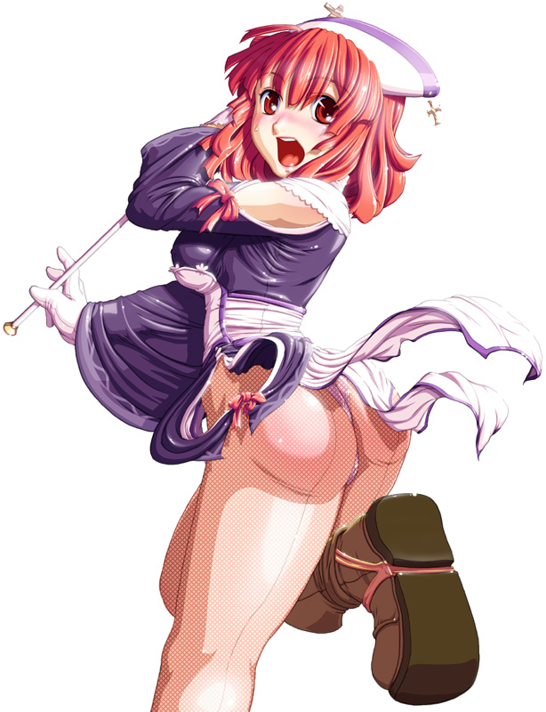 caryo, tabigarasu, prier, la pucelle, nippon ichi, 1girl, ass, back-seamed legwear, female focus, fishnet pantyhose, fishnets, panties, pantyhose, red hair, seamed legwear, solo, surprised, thong, underwear