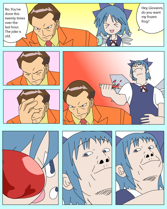 drawfag, cirno, sakaki (pokemon), 4chan, pokemon, touhou, english, hard-translated, translated, > <, boxing gloves, card crusher (meme), comic, crossover, face punch, facepalm, meme, punching