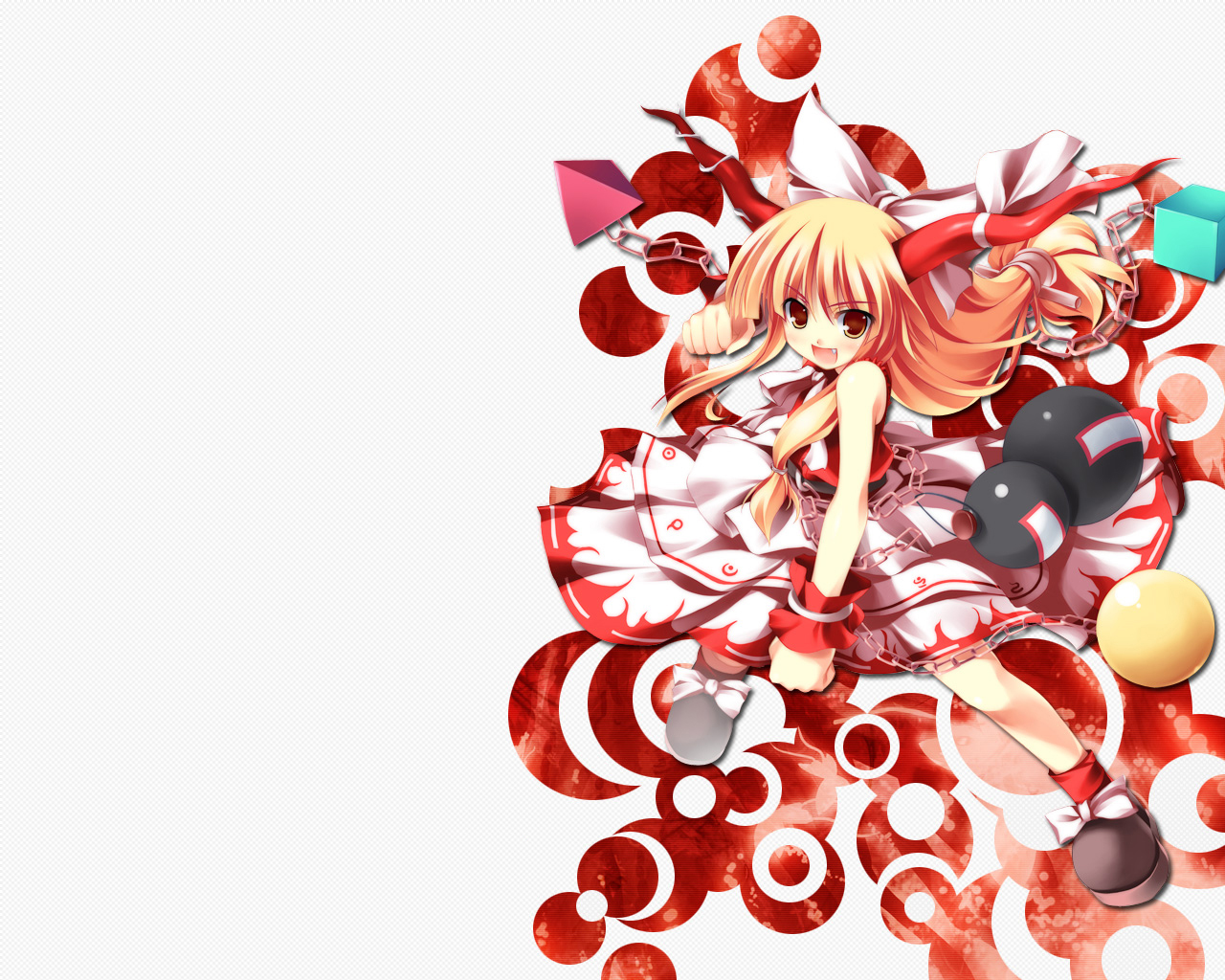 tateha (marvelous grace), ibuki suika, touhou, >:d, 1girl, :d, alternate color, ball, bare shoulders, black shoes, blunt bangs, bow, brown eyes, chain, clenched hands, cube, dress, fang, female focus, footwear bow, gourd, hair bow, horn ornament, horn ribbon, horns, long hair, looking at viewer, low-tied long hair, open mouth, orange hair, pyramid (structure), red socks, ribbon, shirt, shoes, skirt, sleeveless, sleeveless shirt, smile, socks, solo, v-shaped eyebrows, white bow, white ribbon, white skirt, wrist cuffs, yellow eyes