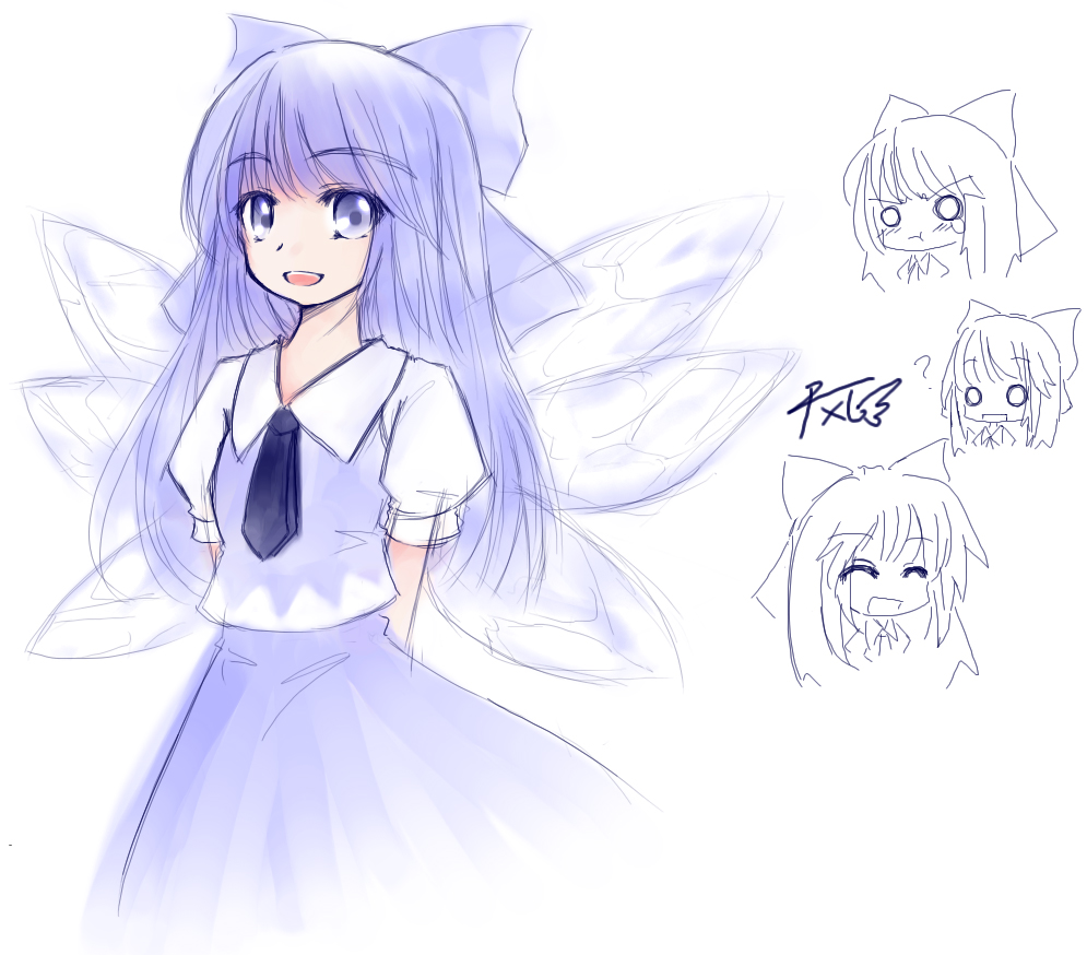 milksea, cirno, touhou, 1girl, ?, aged up, alternate costume, alternate hair length, alternate hairstyle, blue eyes, blue hair, female focus, hair ribbon, long hair, matching hair/eyes, o o, ribbon, smile, solo, white background, wings