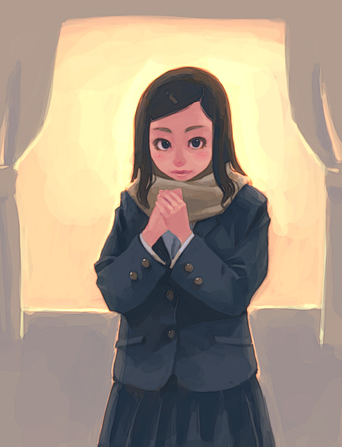 weno, 1girl, female focus, own hands clasped, own hands together, scarf, school uniform, serafuku, solo, window